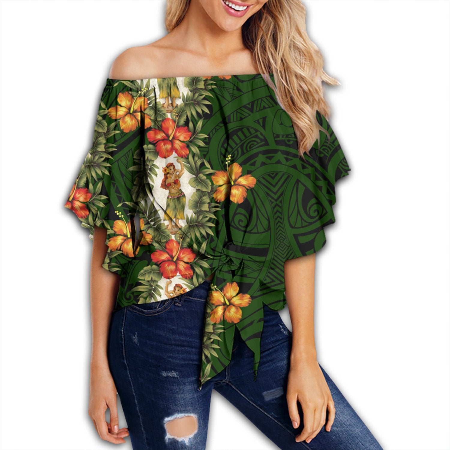 Hawaii - Hula Girl Tropical Style Off Shoulder Waist Wrap Top AH Female Black - Polynesian Pride