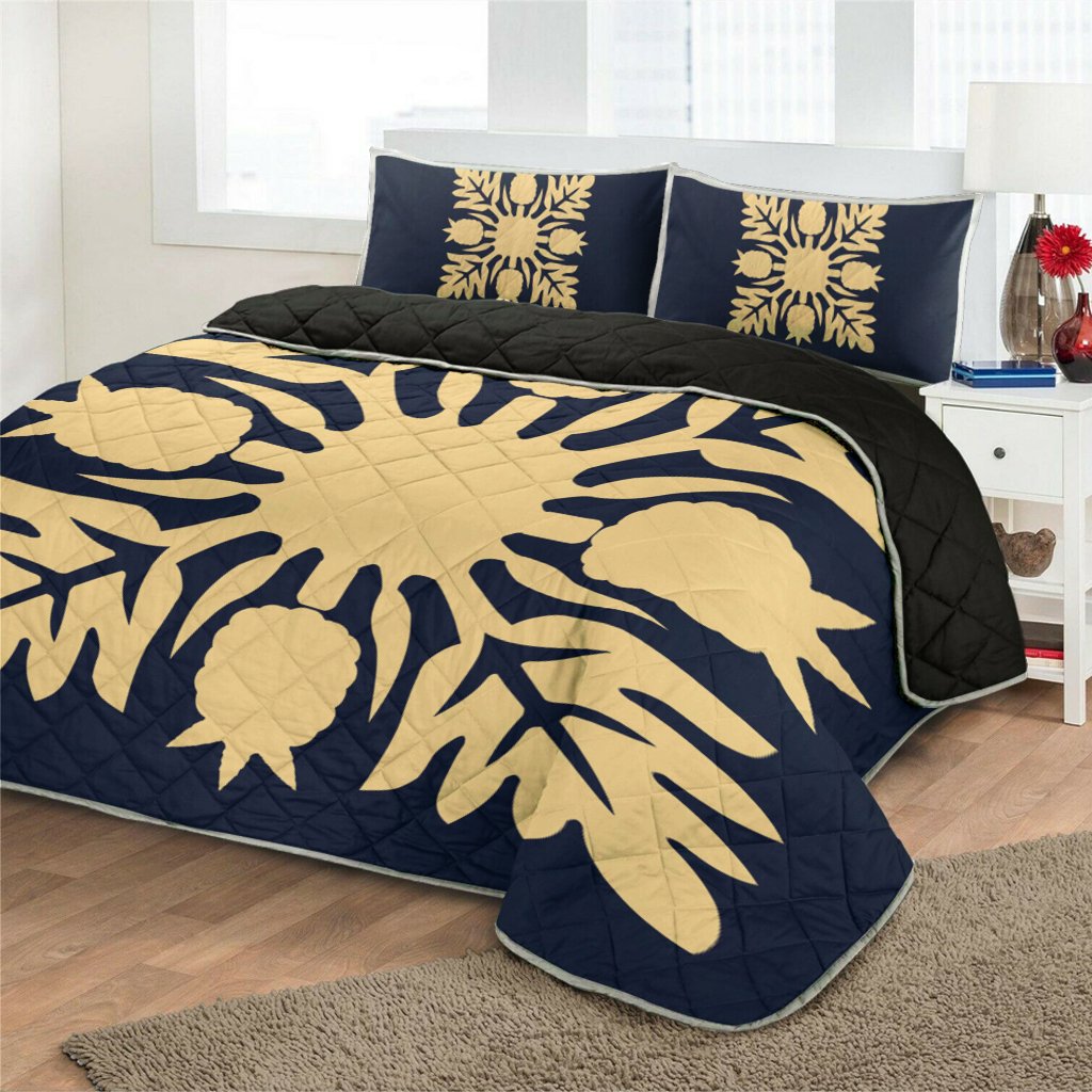 Hawaiian Royal Pattern Quilt Bed Set - Indigo - N1 Style - AH - Polynesian Pride