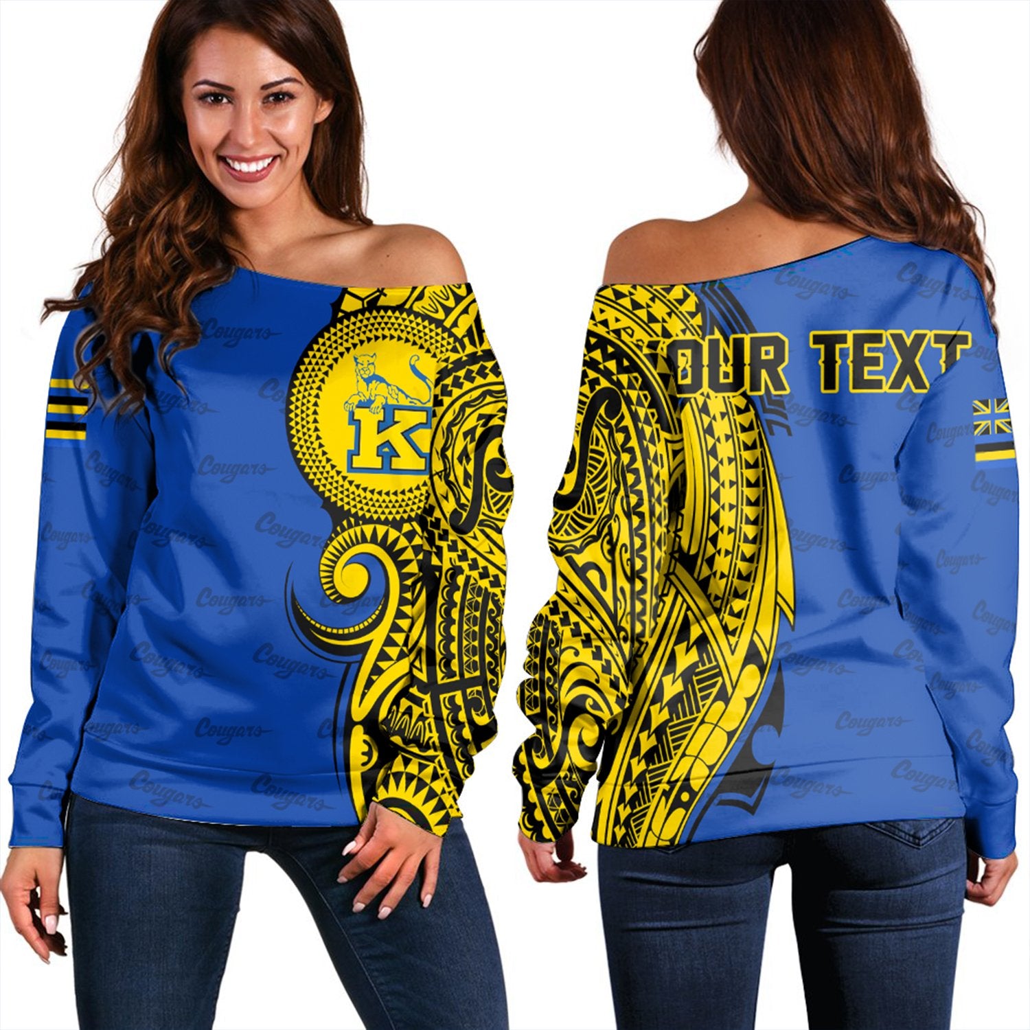 (Personalised) Hawaii - Kaiser High Tribal Kakau Women's Off Shoulder Sweatshirt AH Blue - Polynesian Pride