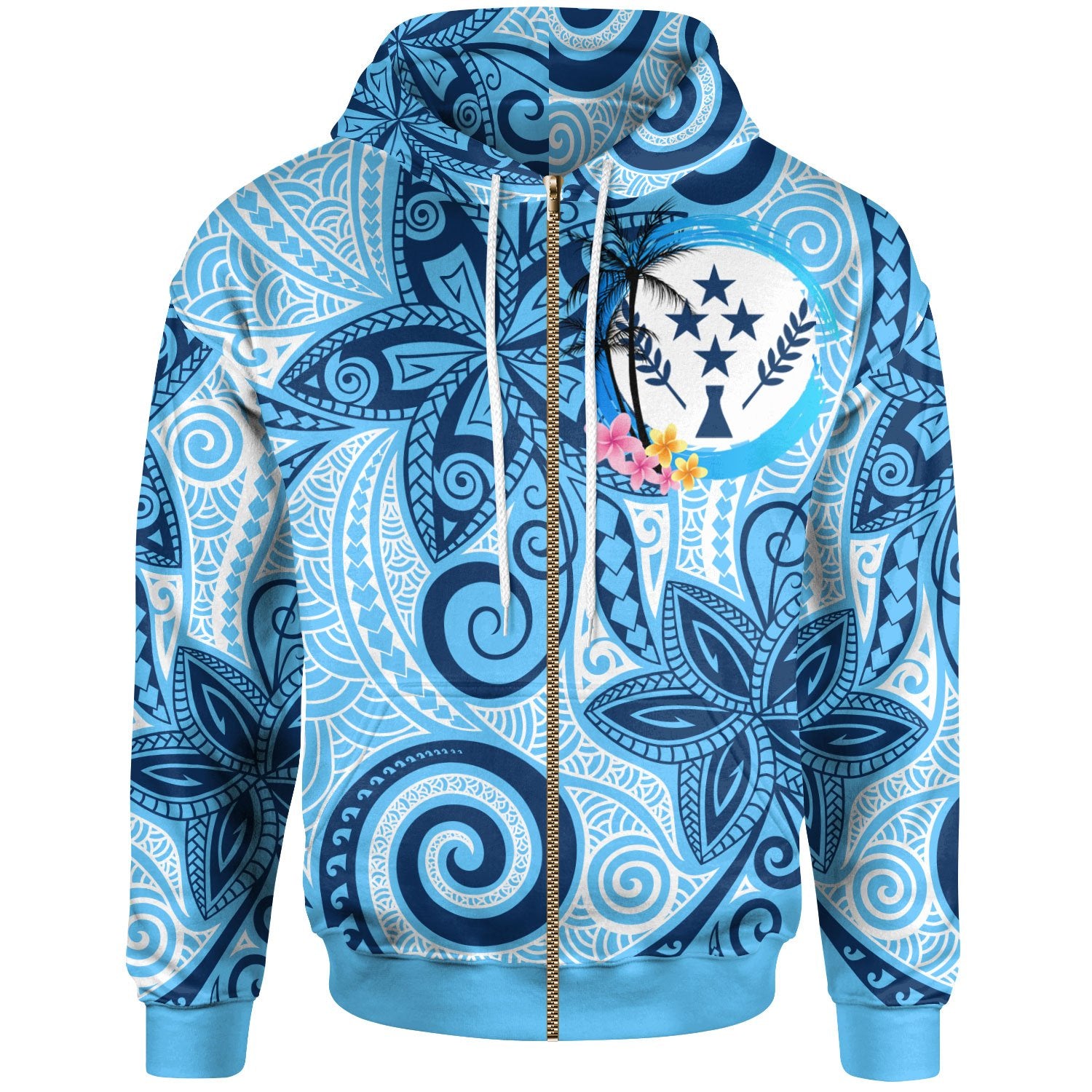 Kosrae Zip Hoodie Tribal Plumeria Pattern Unisex White - Polynesian Pride