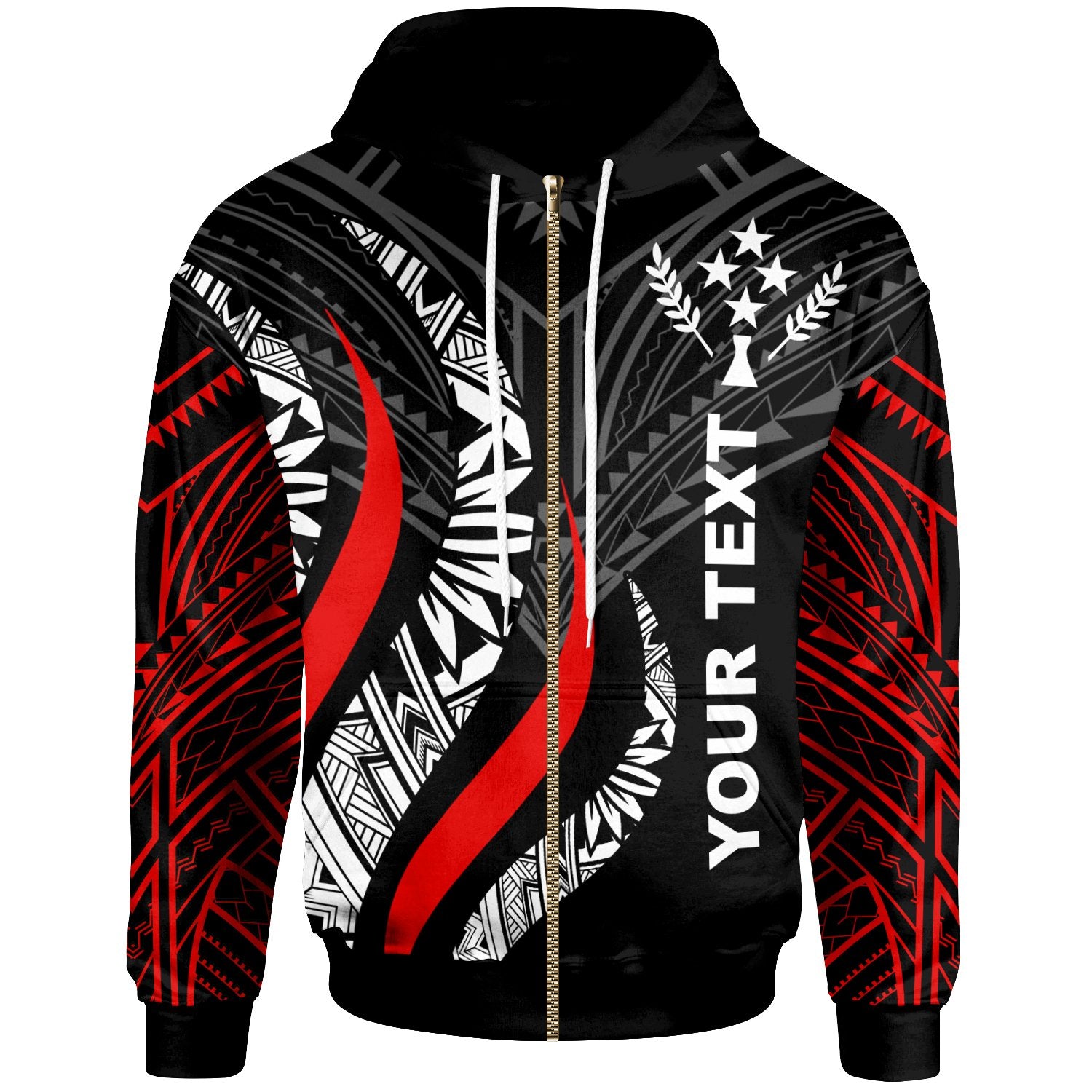 Kosrae Custom Zip Hoodie Kosrae Strong Fire Pattern Red Unisex Black - Polynesian Pride