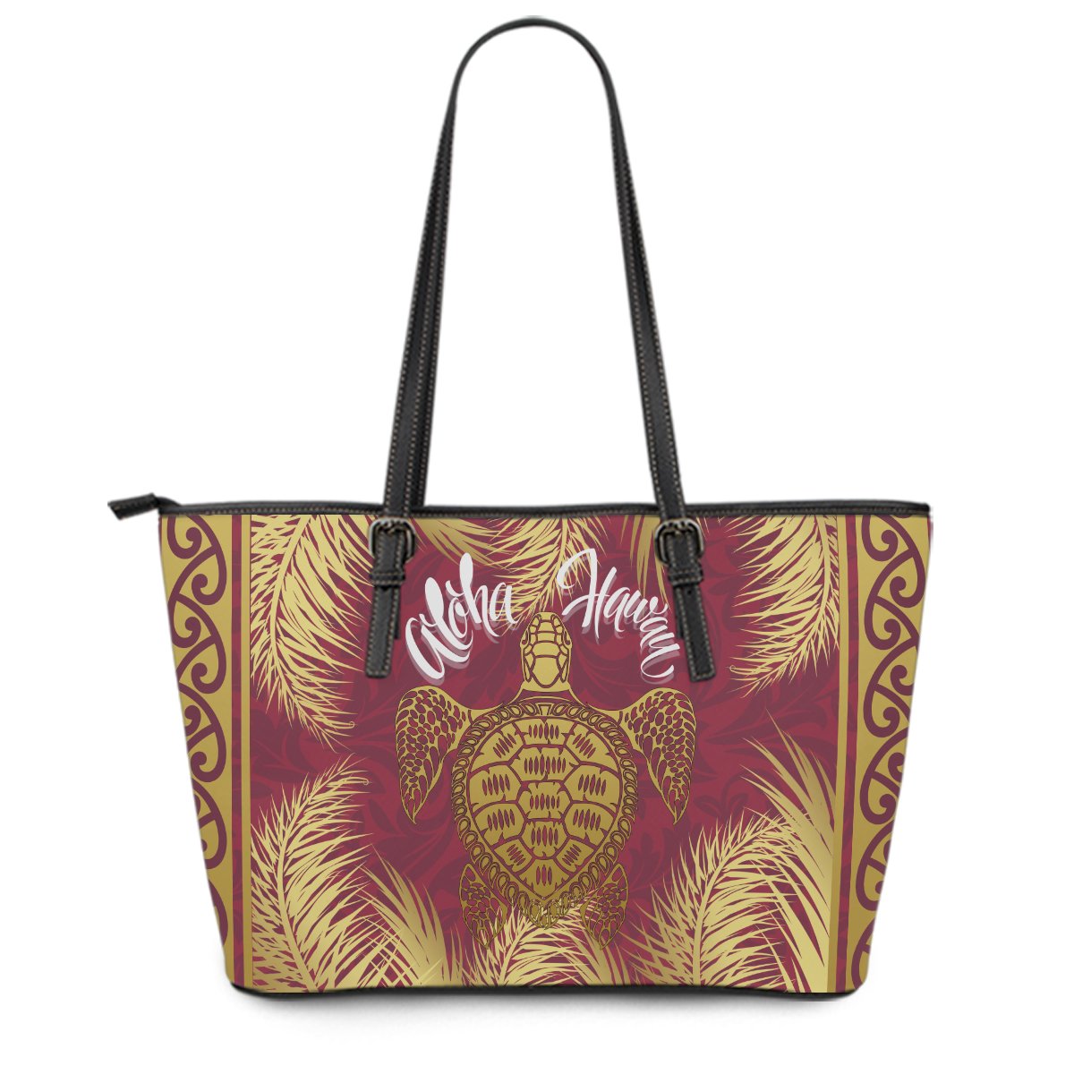 Hawaii Turtle Gold Tropical Leaves Polynesian Leather Tote - Royal Style - AH Red - Polynesian Pride