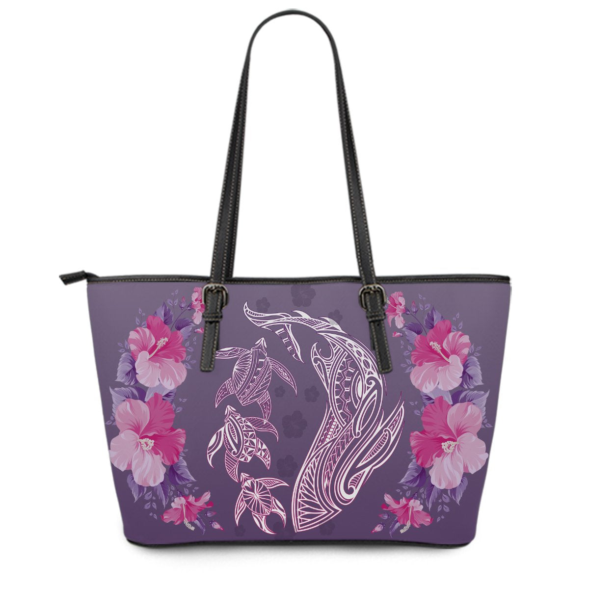 Hawaii Shark Turtle Hibiscus Leather Tote - Wreath Style - AH Purple - Polynesian Pride