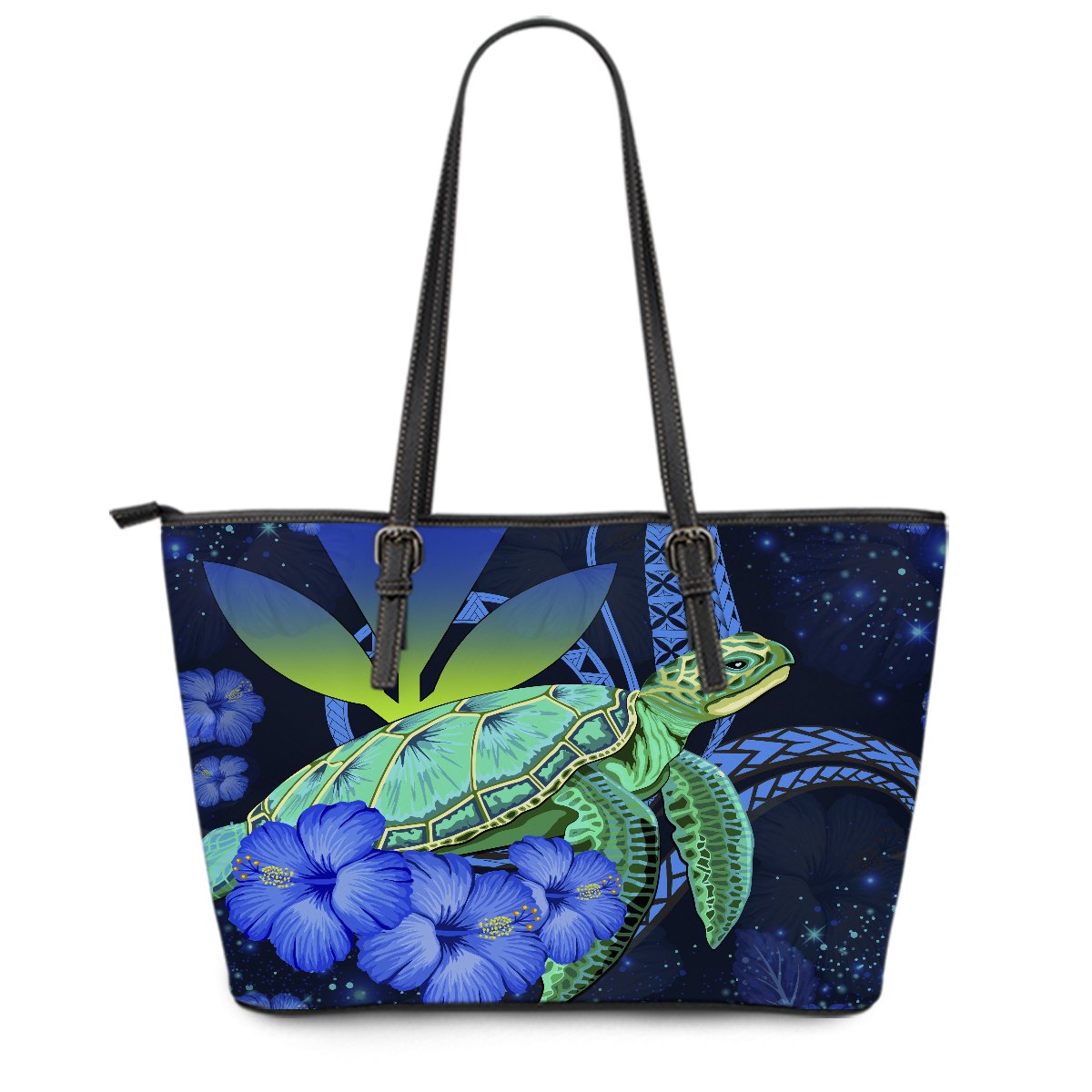 Hawaii Turtle Hibiscus Polynesian Leather Tote Bag - Jade Stone - AH Blue - Polynesian Pride