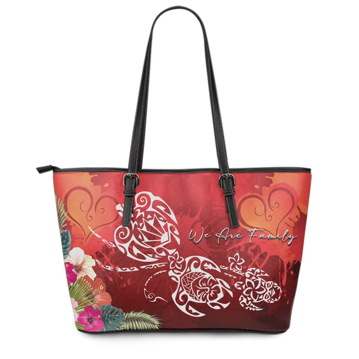 Hawaii Turtle Family Leather Tote - We Are Family - AH Red - Polynesian Pride