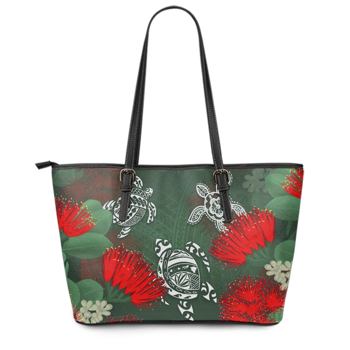 Hawaii Lehua Flowers Turtle Poly Leather Tote - Ser Style - AH Green - Polynesian Pride