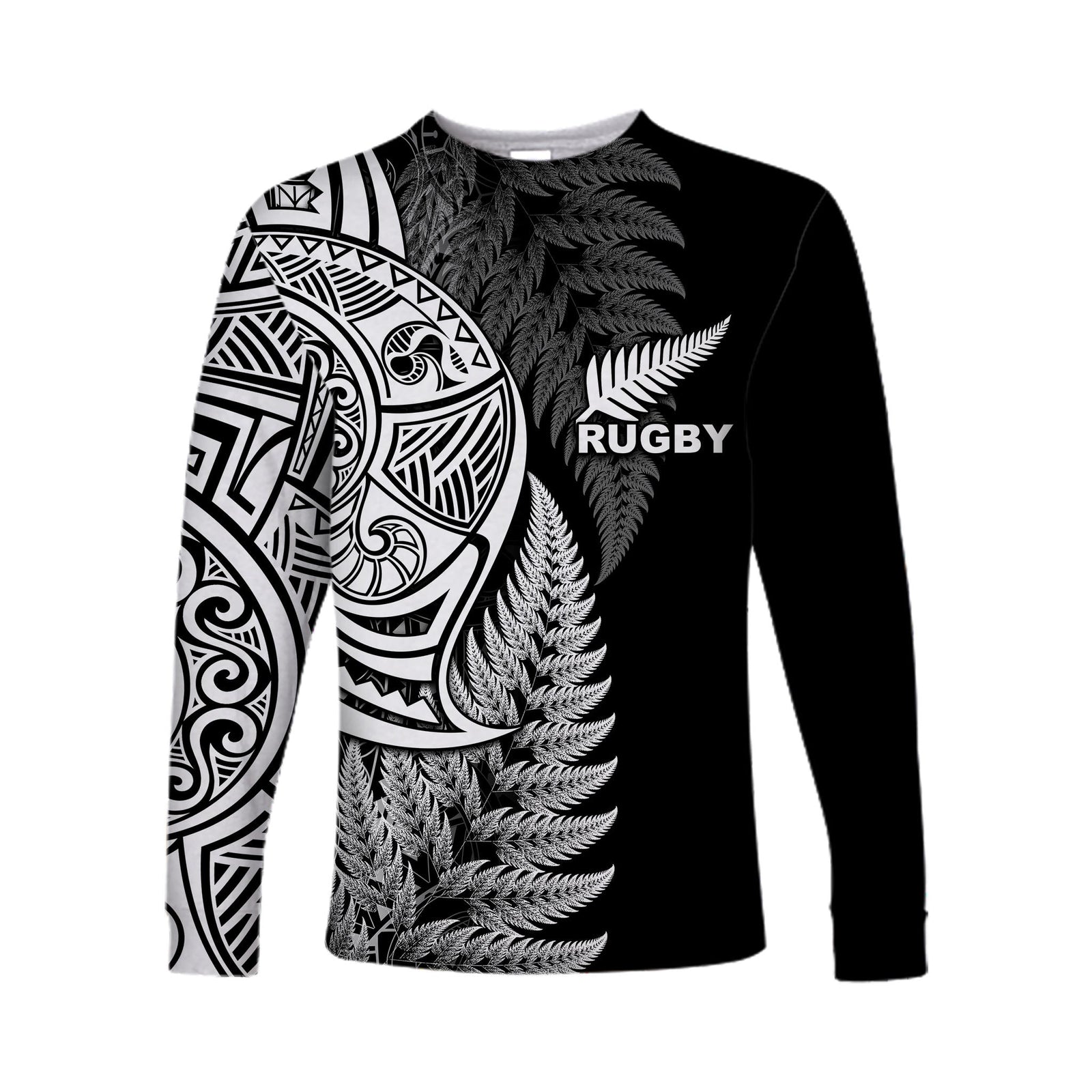 Maori Rugby Long Sleeve Shirt Tattoo Mix Fern Leaf LT6 Unisex Black - Polynesian Pride