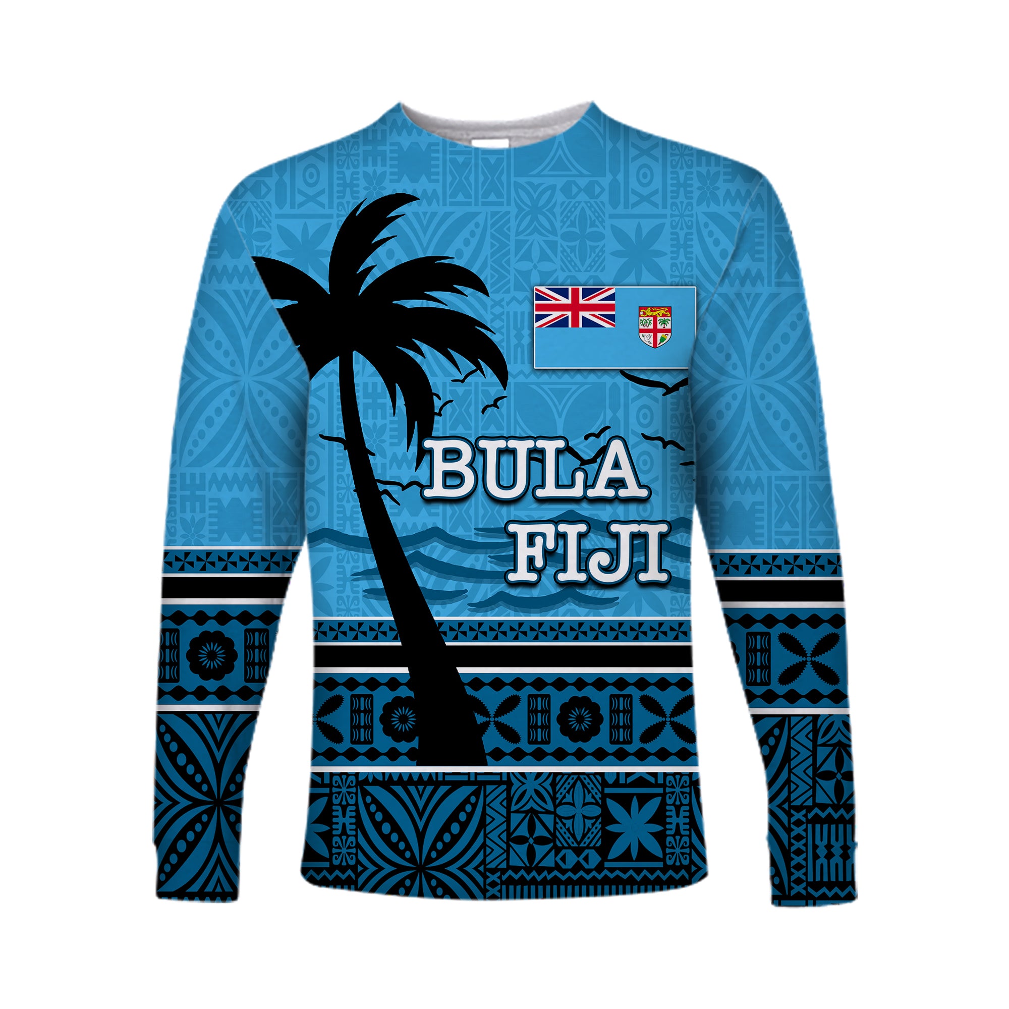 (Custom Personalised)Bula Fiji Long Sleeve Shirt Tapa LT6 Unisex Blue - Polynesian Pride