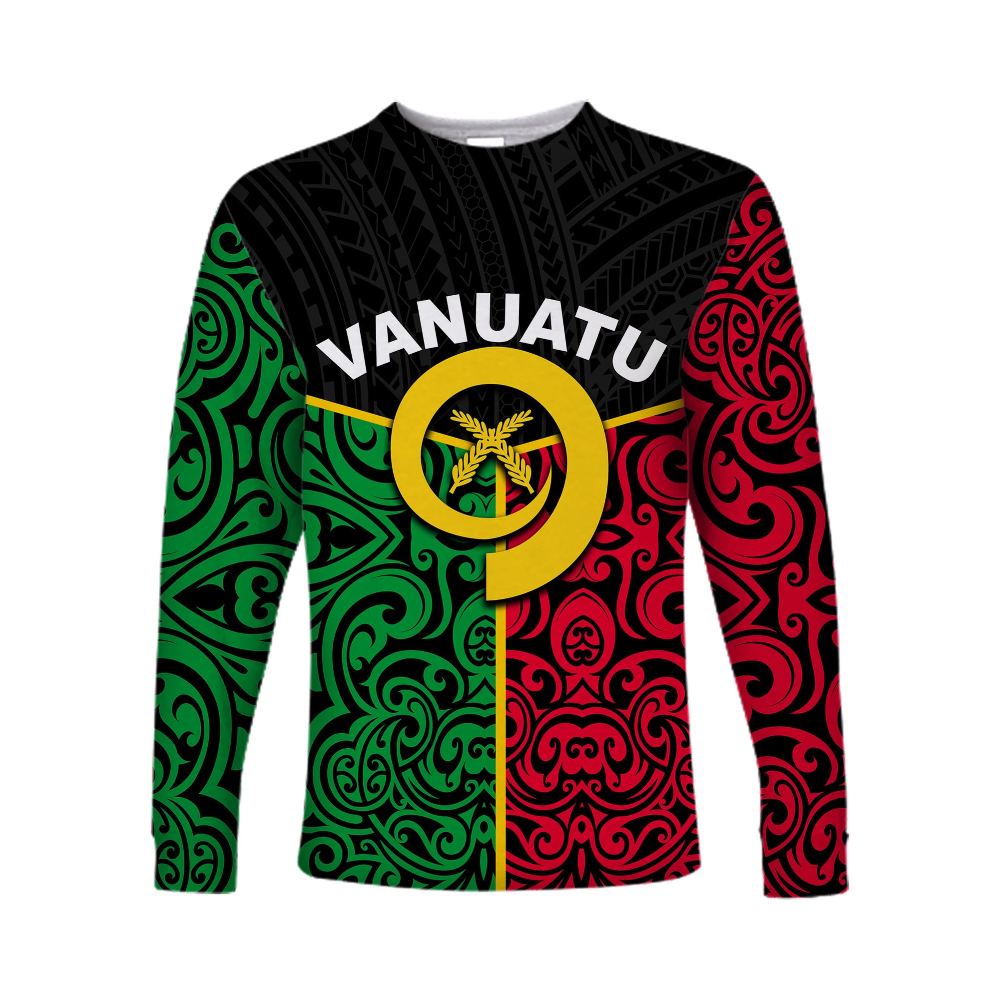 (Custom Personalised) Vanuatu Long Sleeve Shirt Polynesian Patterns Mix Flag LT6 Unisex Black - Polynesian Pride