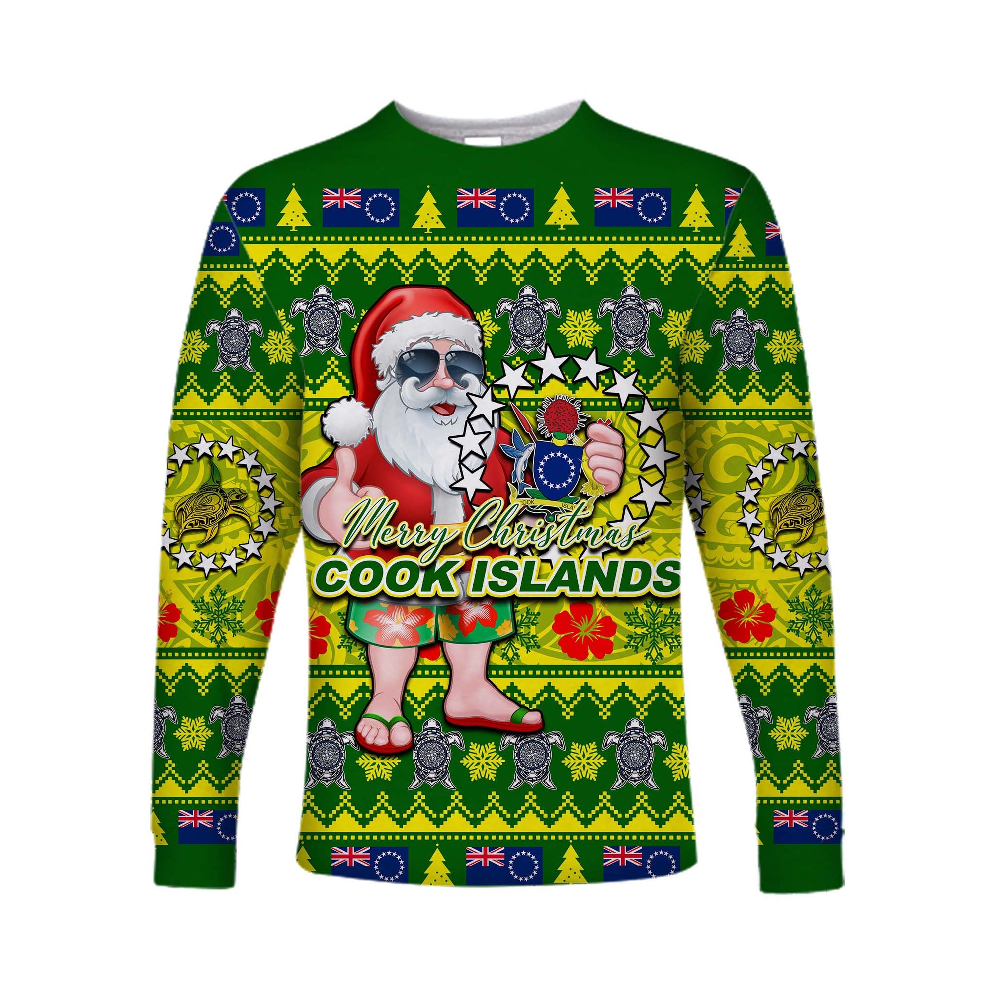 Cook Islands Christmas Long Sleeve Shirt Cool Santa Claus LT6 Unisex Green - Polynesian Pride