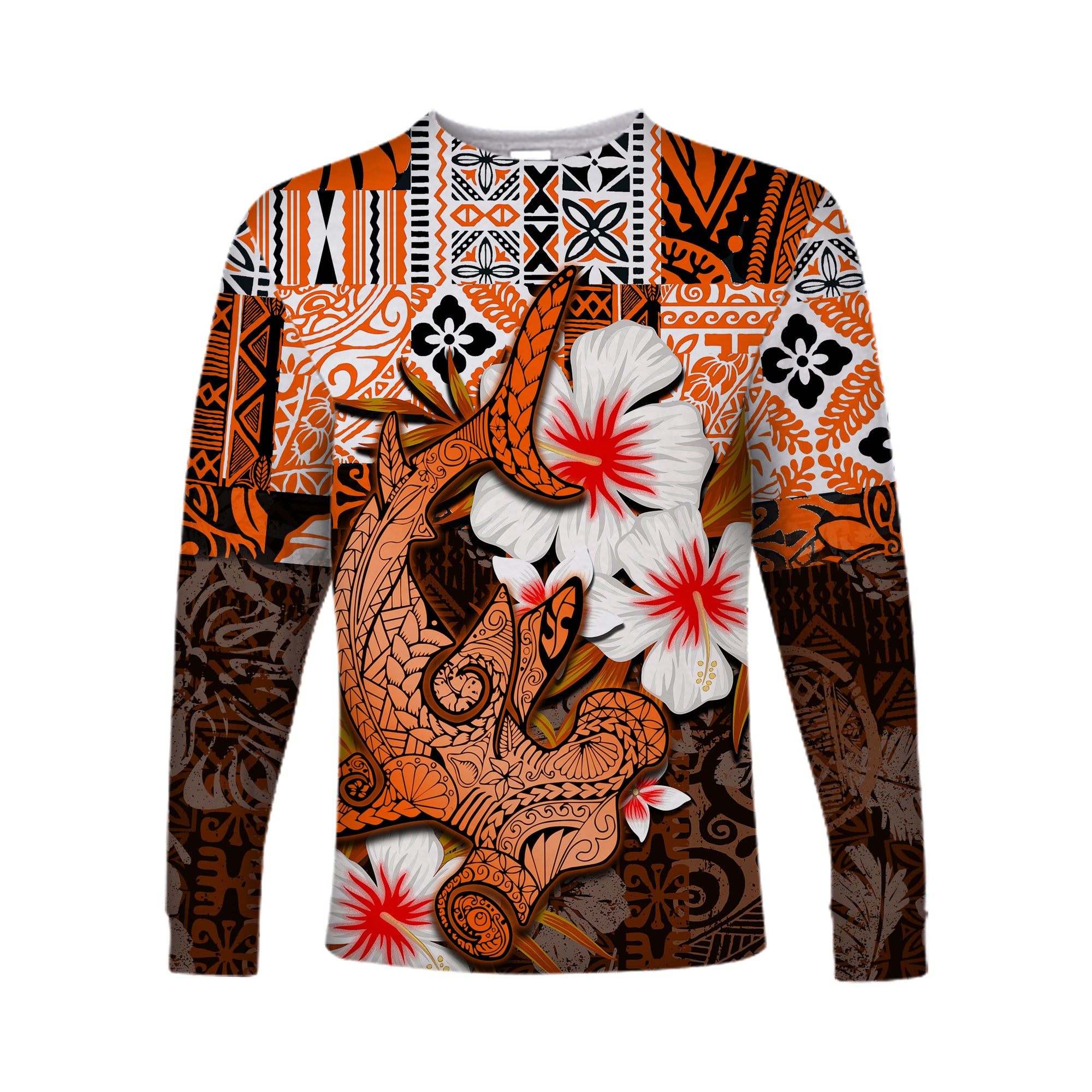 (Custom Personalised) Hammerhead shark Long Sleeve Shirts Hawaii Style Orange LT6 Unisex Orange - Polynesian Pride