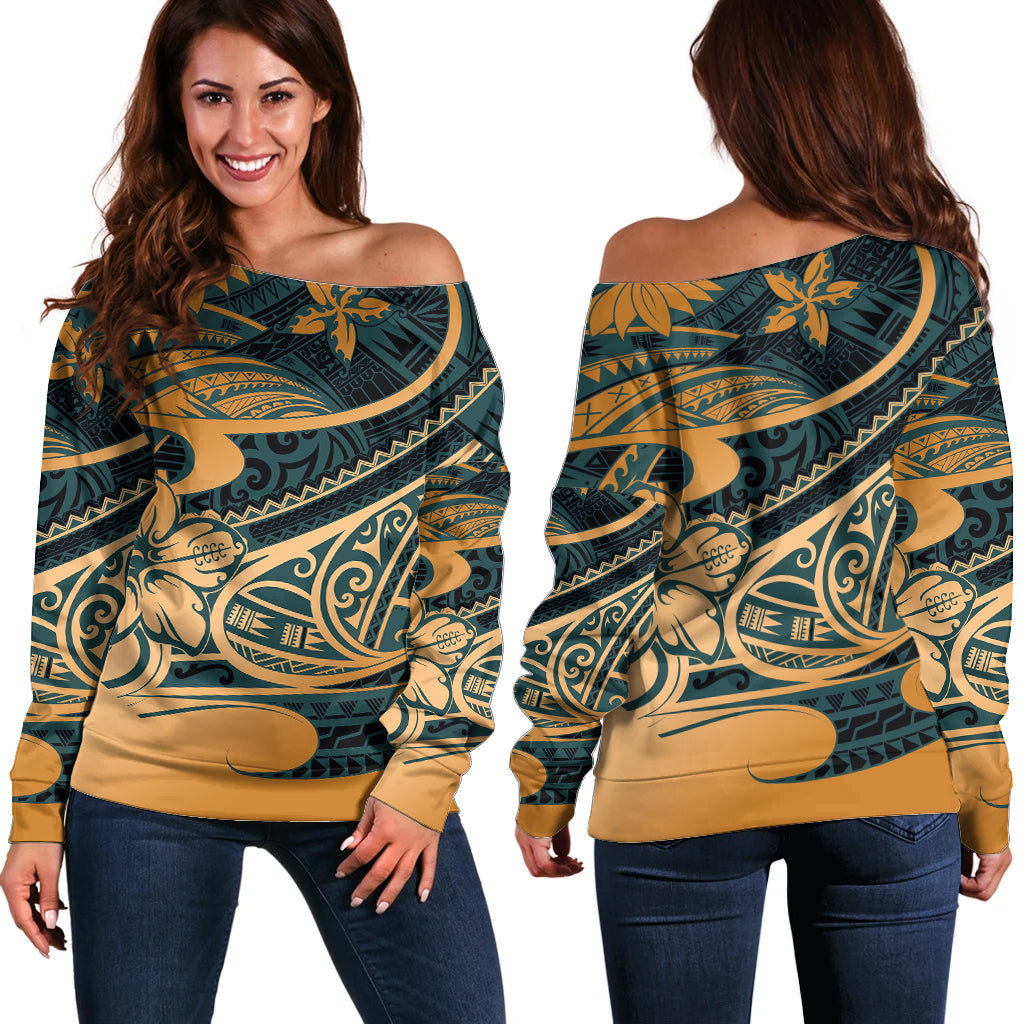 Polynesian Tribal Off Shoulder Sweater LT6 Women Green - Polynesian Pride