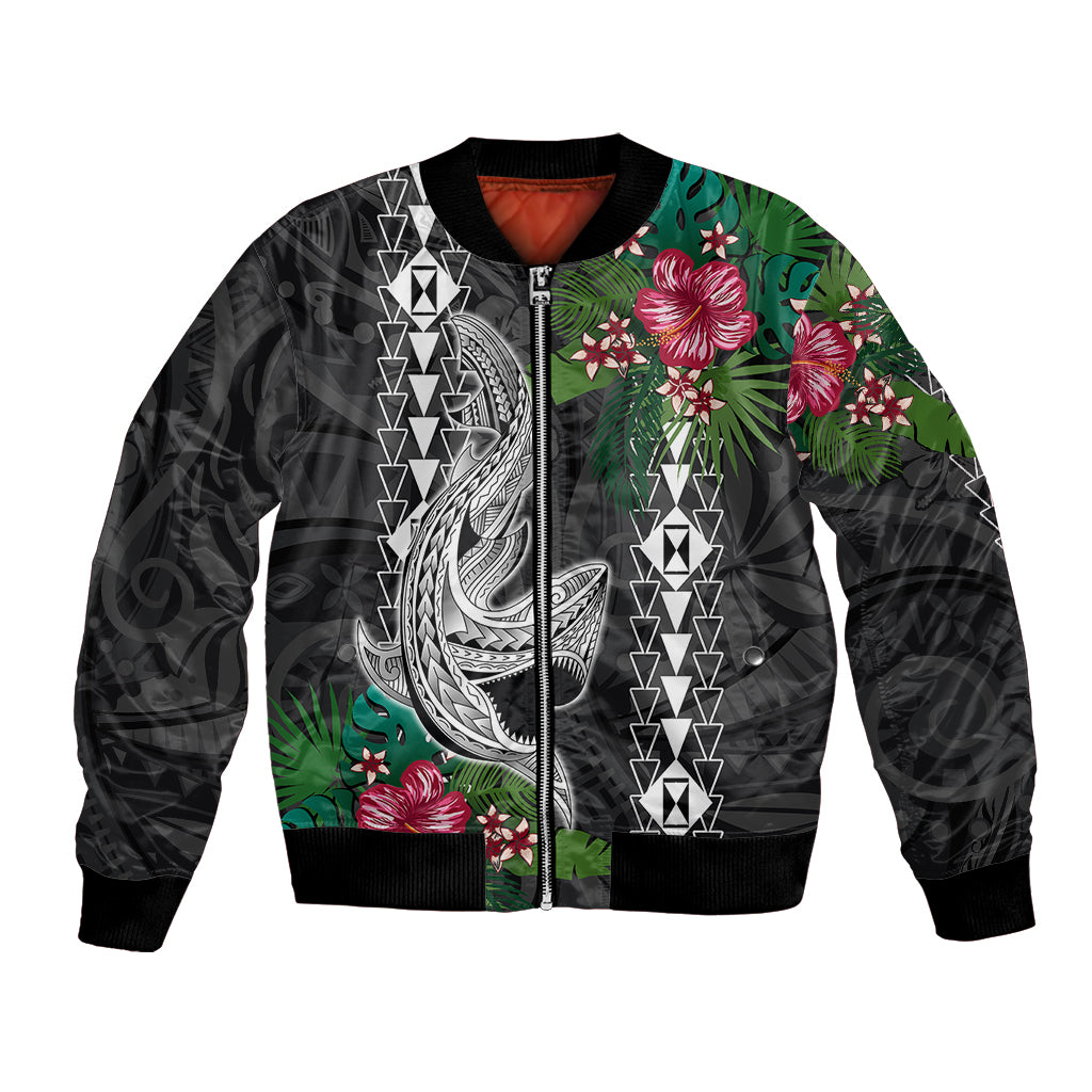 Hawaii Kakau Bomber Jacket Mix Sharks Polynesian Hibiscus LT6 Unisex Black - Polynesian Pride
