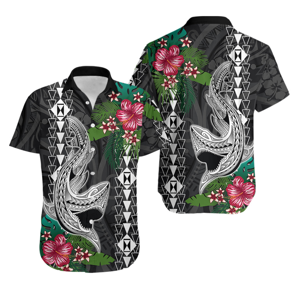 Hawaii Kakau Hawaiian Shirt Mix Sharks Polynesian Hibiscus LT6 Black - Polynesian Pride