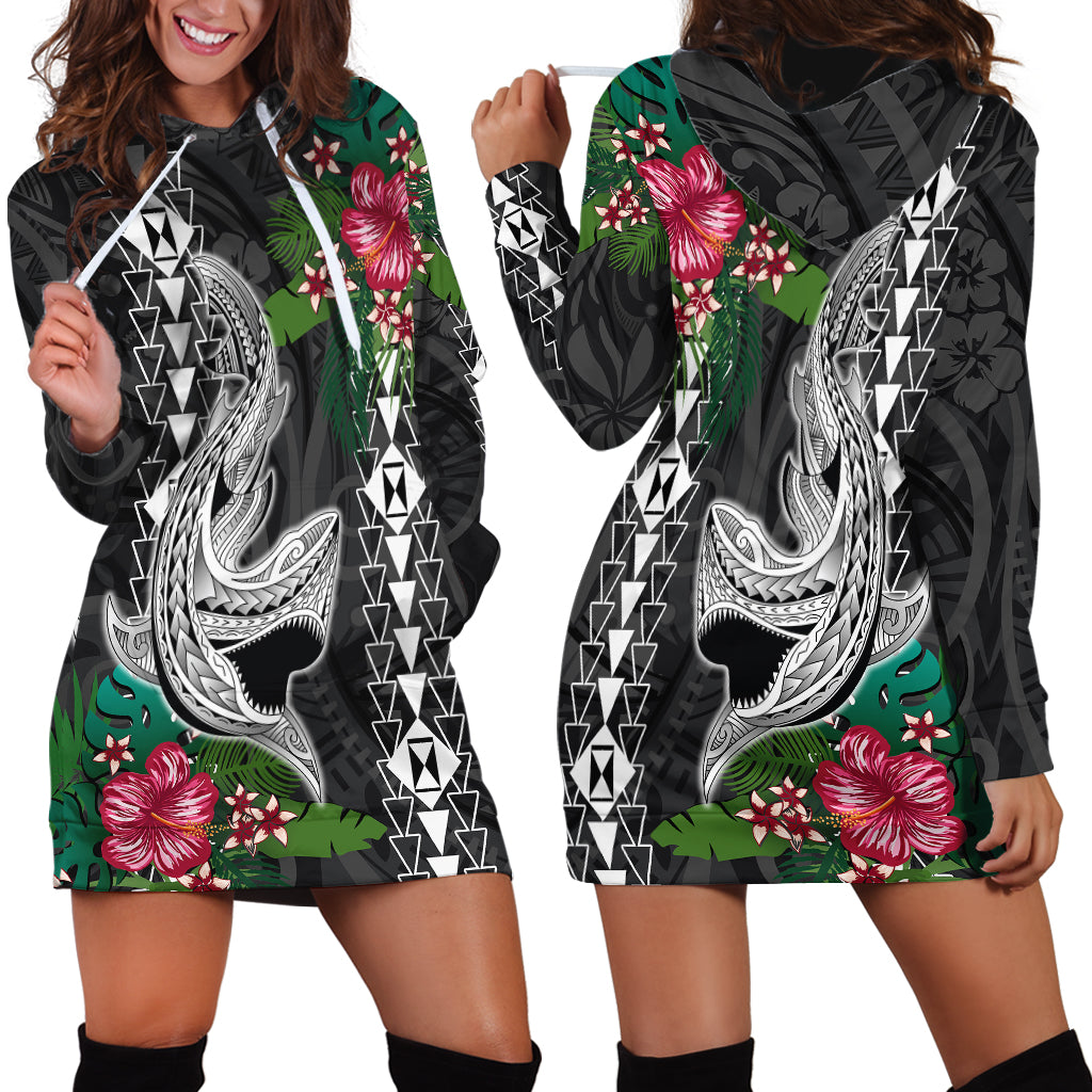 Hawaii Kakau Hoodie Dress Mix Sharks Polynesian Hibiscus LT6 Black - Polynesian Pride