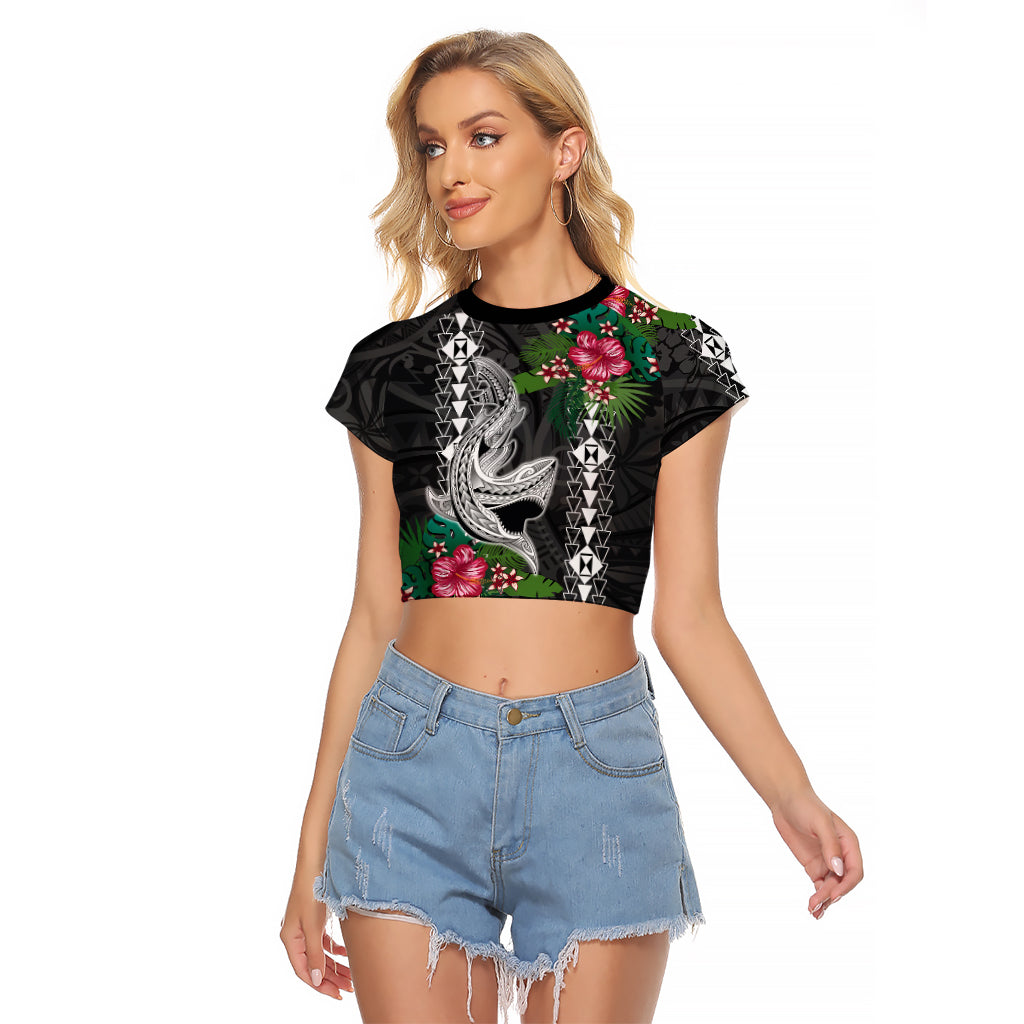 Hawaii Kakau Raglan Cropped T Shirt Mix Sharks Polynesian Hibiscus LT6 Female Black - Polynesian Pride