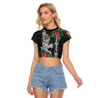 Hawaii Kakau Raglan Cropped T Shirt Mix Sharks Polynesian Hibiscus LT6 Female Black - Polynesian Pride