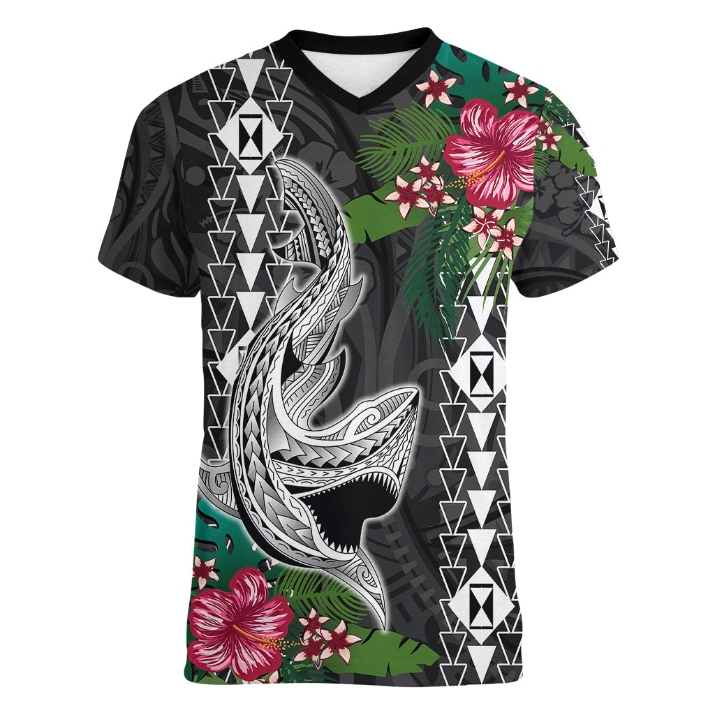 Hawaii Kakau Women V Neck T Shirt Mix Sharks Polynesian Hibiscus LT6 - Polynesian Pride