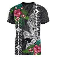 Hawaii Kakau Women V Neck T Shirt Mix Sharks Polynesian Hibiscus LT6 - Polynesian Pride