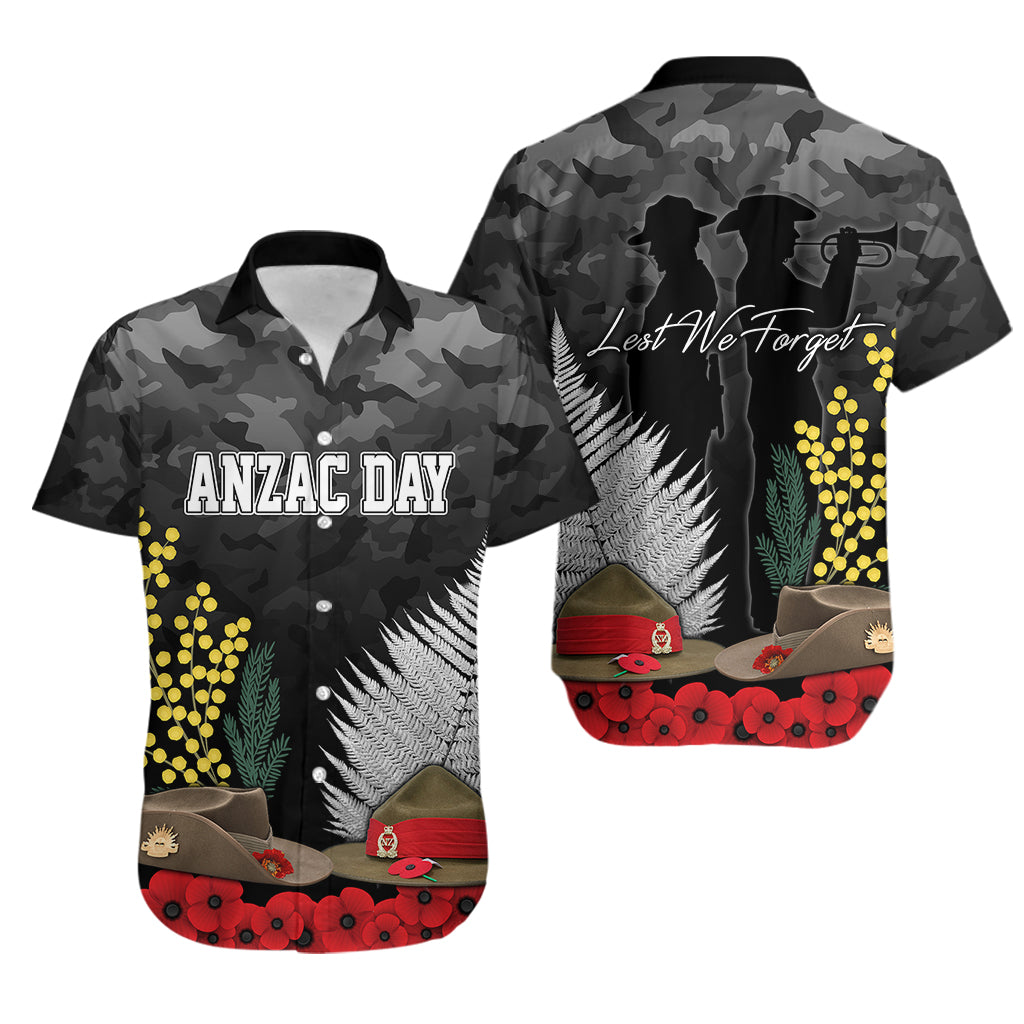 ANZAC DAY Hawaiian Shirt Camo Style - Slouch Hats Mix Silver Fern Golden Wattle LT7 Black - Polynesian Pride