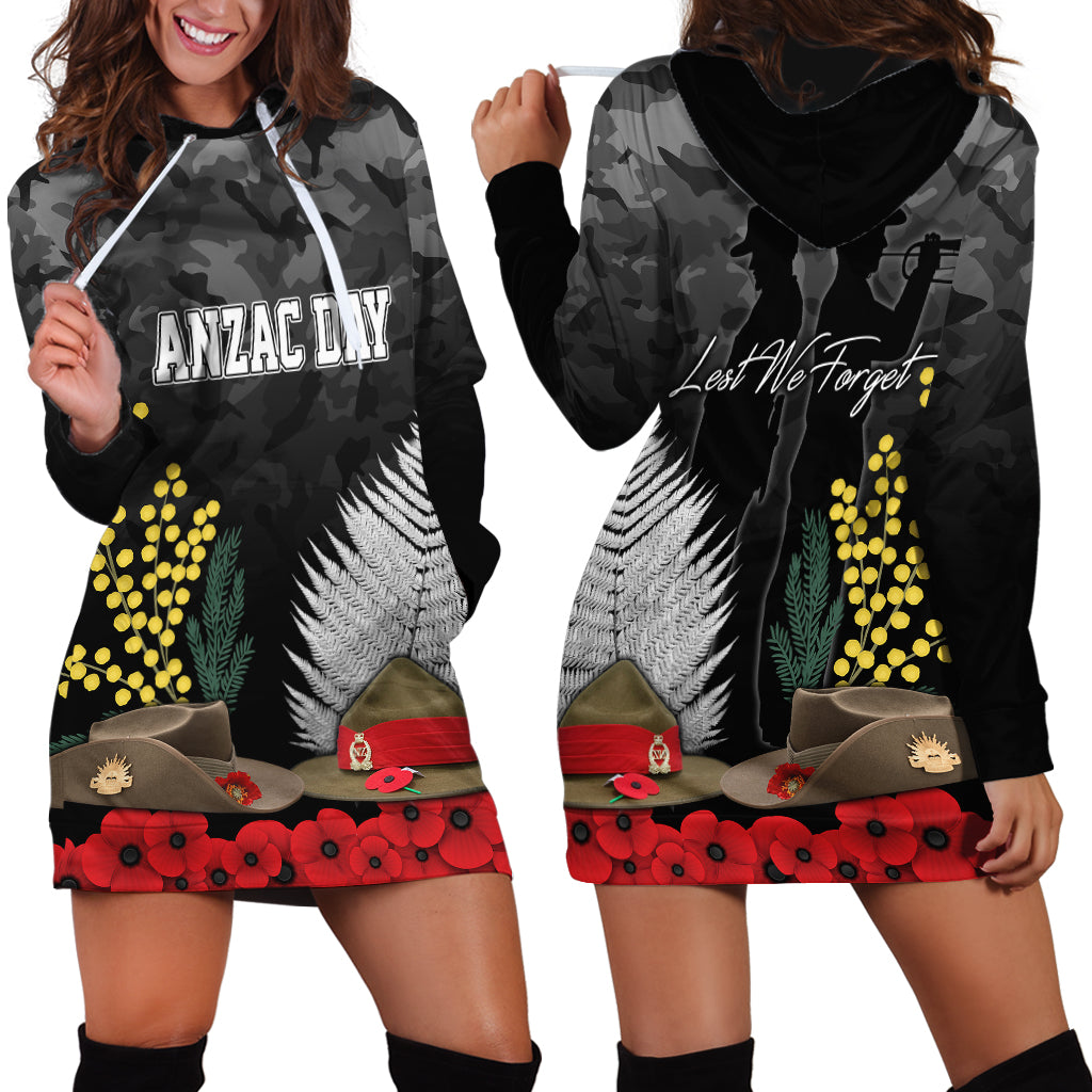 ANZAC DAY Hoodie Dress Camo Style - Slouch Hats Mix Silver Fern Golden Wattle LT7 Black - Polynesian Pride