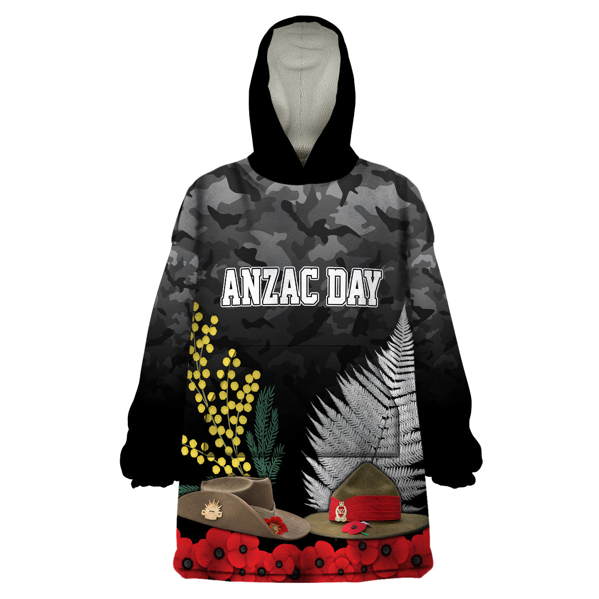 ANZAC DAY Wearable Blanket Hoodie Camo Style - Slouch Hats Mix Silver Fern Golden Wattle LT7 Unisex One Size - Polynesian Pride