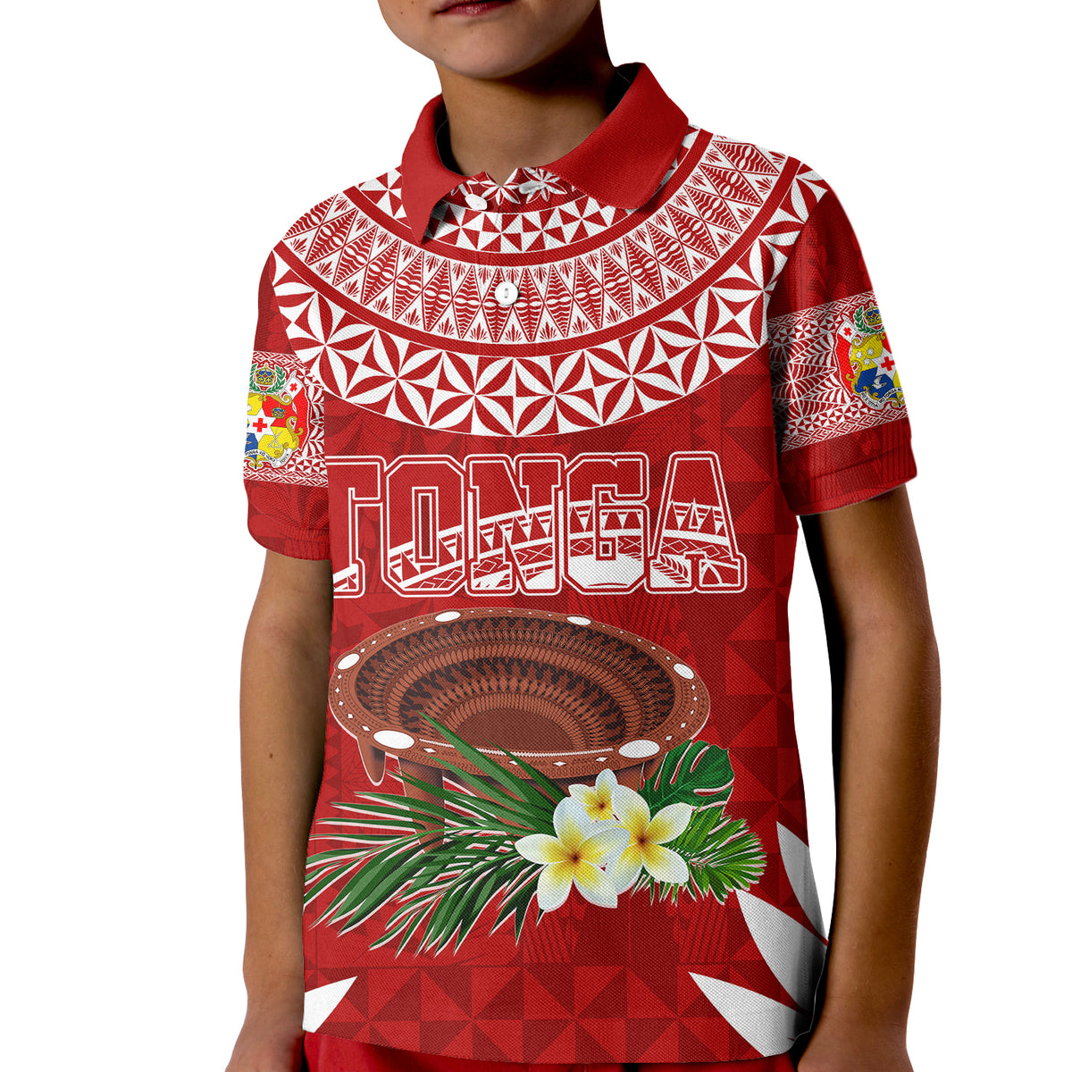 Personalised Tonga Independence Day Kid Polo Shirt Kumete Kava Bowl With Plumeria LT7 Kid Red - Polynesian Pride