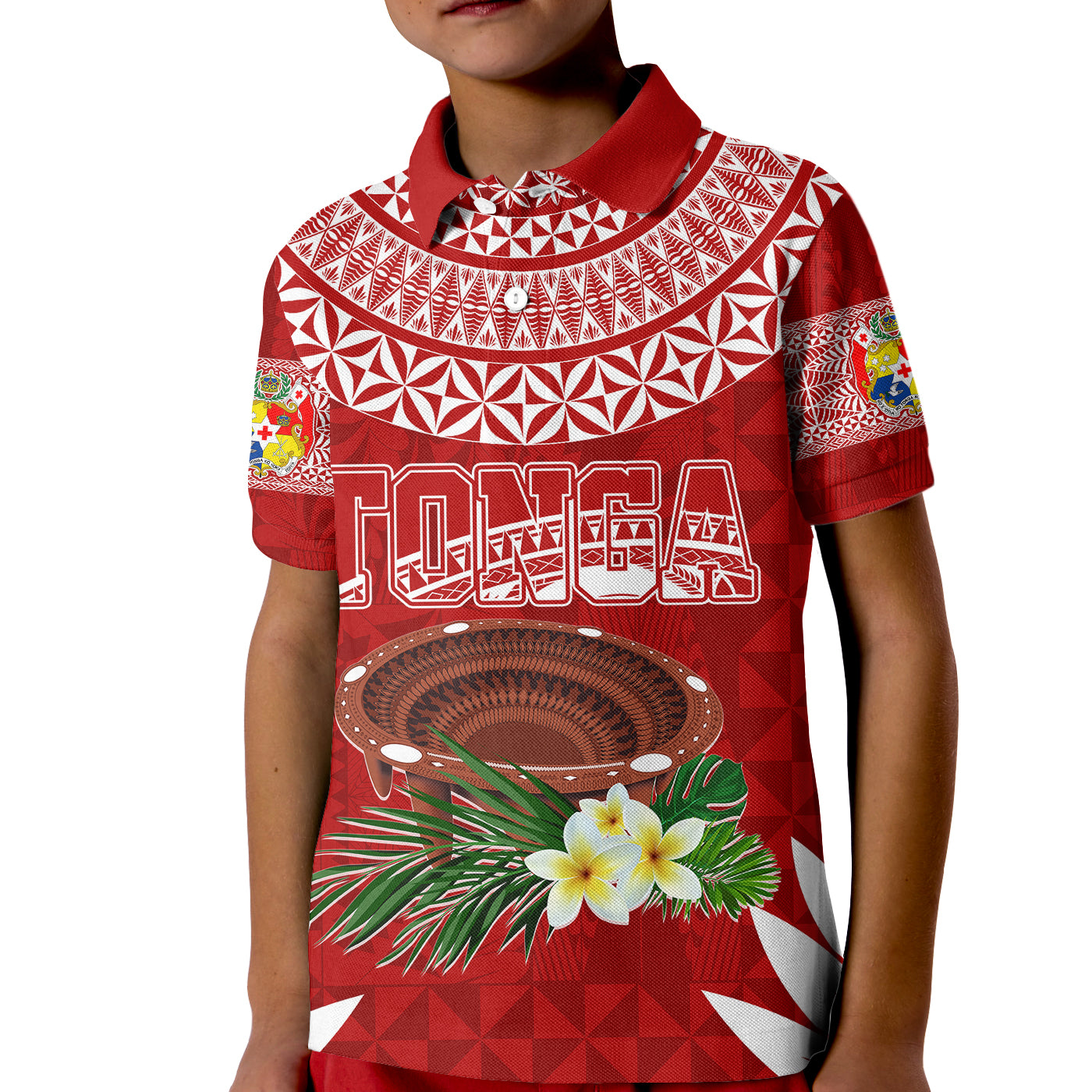 Personalised Tonga Independence Day Kid Polo Shirt Kumete Kava Bowl With Plumeria LT7 Kid Red - Polynesian Pride