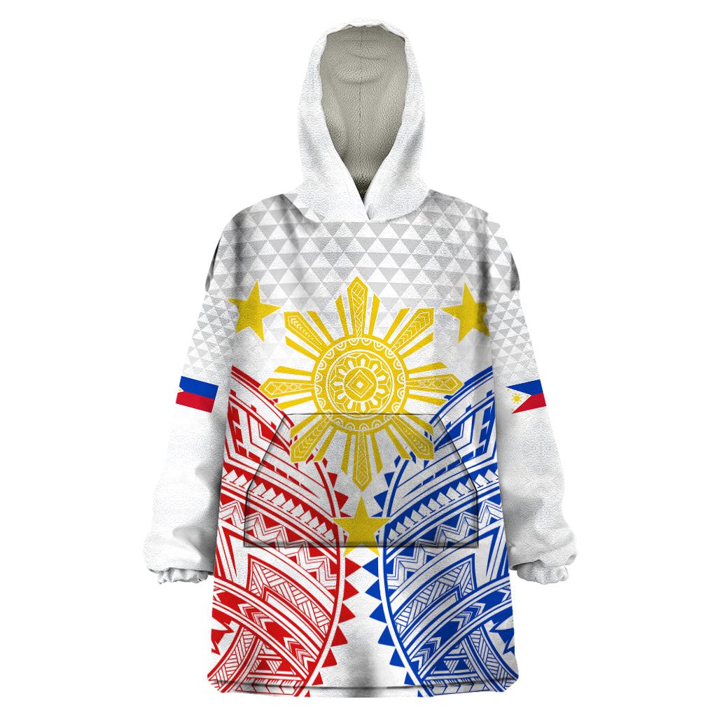 Personalised Philippines Independence Day Wearable Blanket Hoodie Tribal Sun and Stars Ver 01 LT7 One Size White - Polynesian Pride