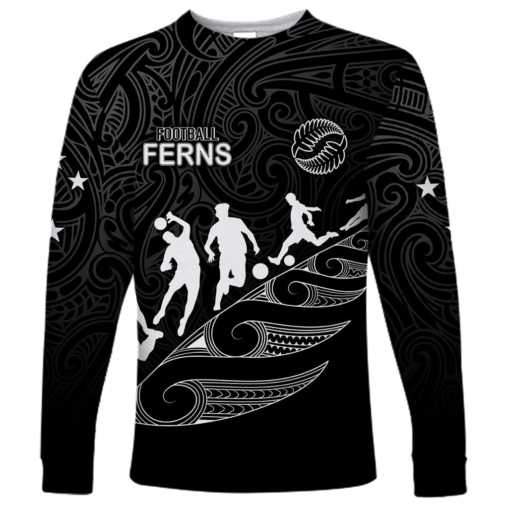 Personalised New Zealand Football Ferns Long Sleeve Shirt Women's World Cup 2023 Tribal Koru Pattern LT7 Unisex Black - Polynesian Pride