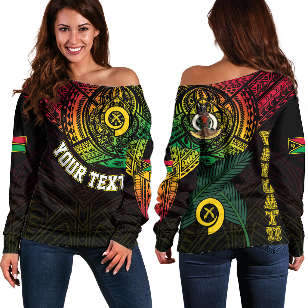 Personalised Vanuatu Off Shoulder Sweater Turtle Chest Tattoo Flag Color LT7 Women Black - Polynesian Pride