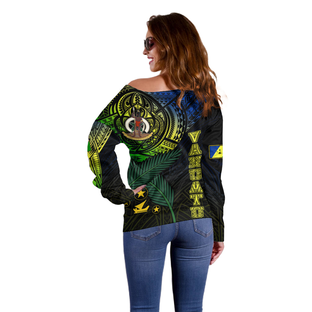 Personalised Vanuatu Off Shoulder Sweater Turtle Chest Tattoo Flag Color - Malampa LT7 - Polynesian Pride