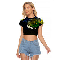 Personalised Vanuatu Raglan Cropped T Shirt Turtle Chest Tattoo Flag Color - Malampa LT7 Female Black - Polynesian Pride