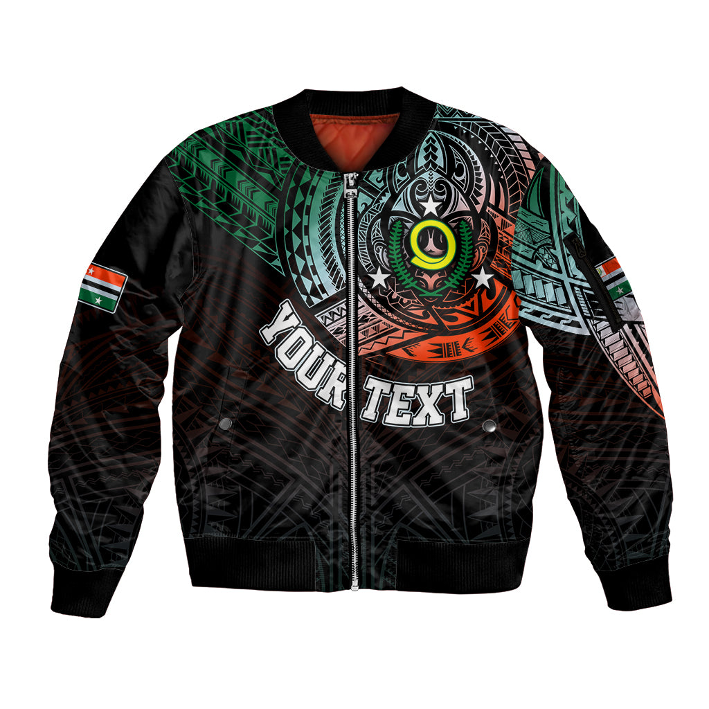 Personalised Vanuatu Sleeve Zip Bomber Jacket Turtle Chest Tattoo Flag Color - Penama LT7 Unisex Black - Polynesian Pride