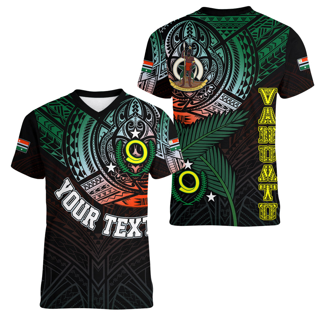 Personalised Vanuatu Women V Neck T Shirt Turtle Chest Tattoo Flag Color - Penama LT7 Female Black - Polynesian Pride