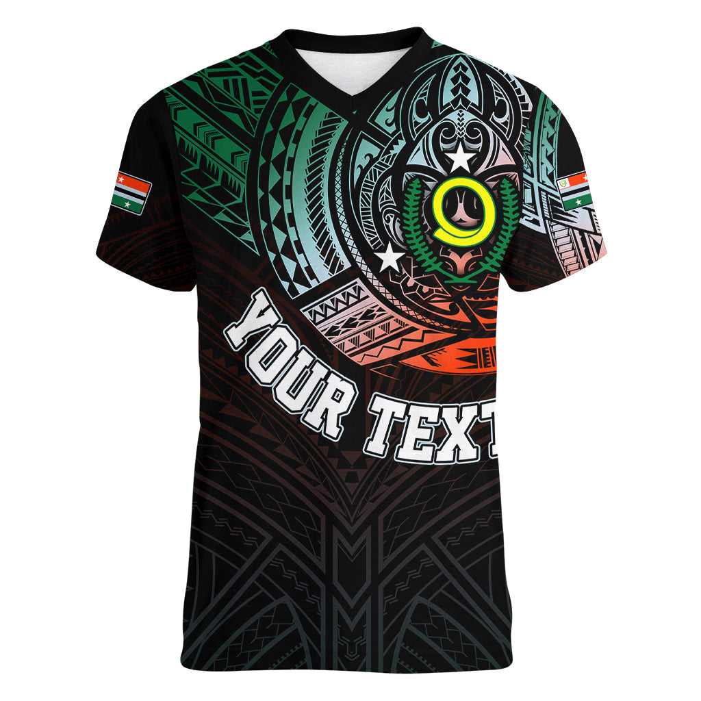 Personalised Vanuatu Women V Neck T Shirt Turtle Chest Tattoo Flag Color - Penama LT7 - Polynesian Pride