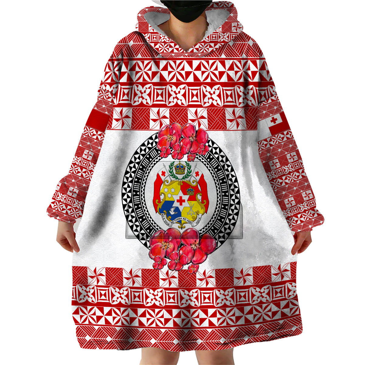 (Custom Personalised) Tonga Emancipation Day Wearable Blanket Hoodie Independence Day - Simple Ngatu Heilala Flower - White Red LT8 - Polynesian Pride