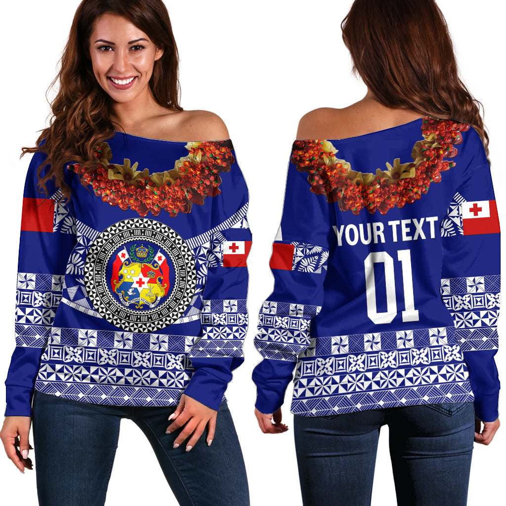 (Custom Personalised) Tonga Emancipation Day Off Shoulder Sweater Independence Day - Fancy Kahoa Heilala Flower - Blue LT8 Women Blue - Polynesian Pride