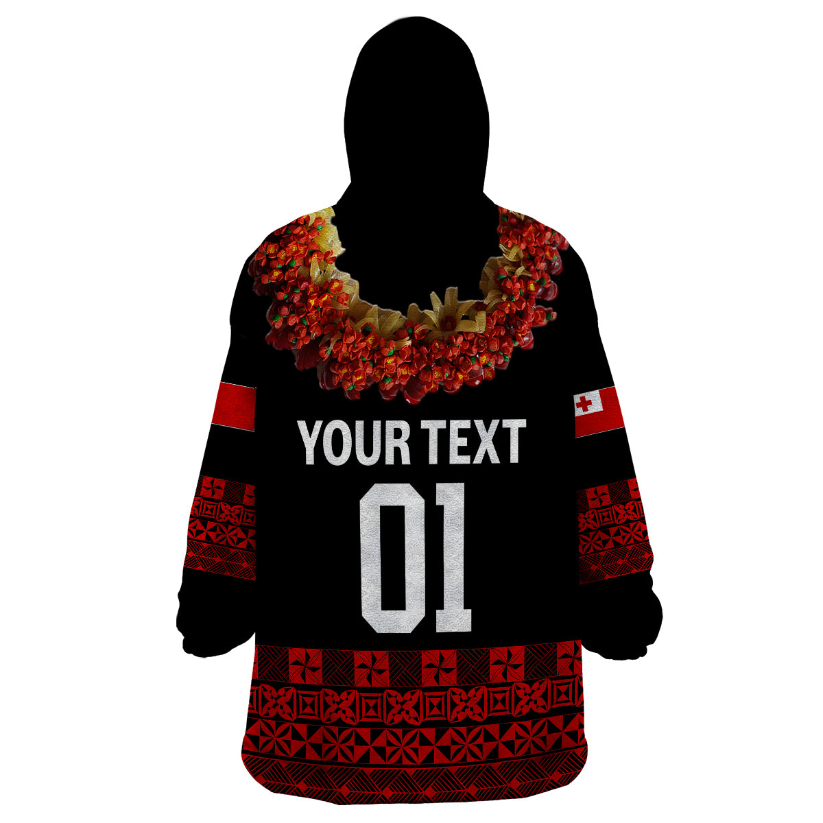 (Custom Personalised) Tonga Emancipation Day Wearable Blanket Hoodie Independence Day - Fancy Kahoa Heilala Flower - Black Red LT8 - Polynesian Pride