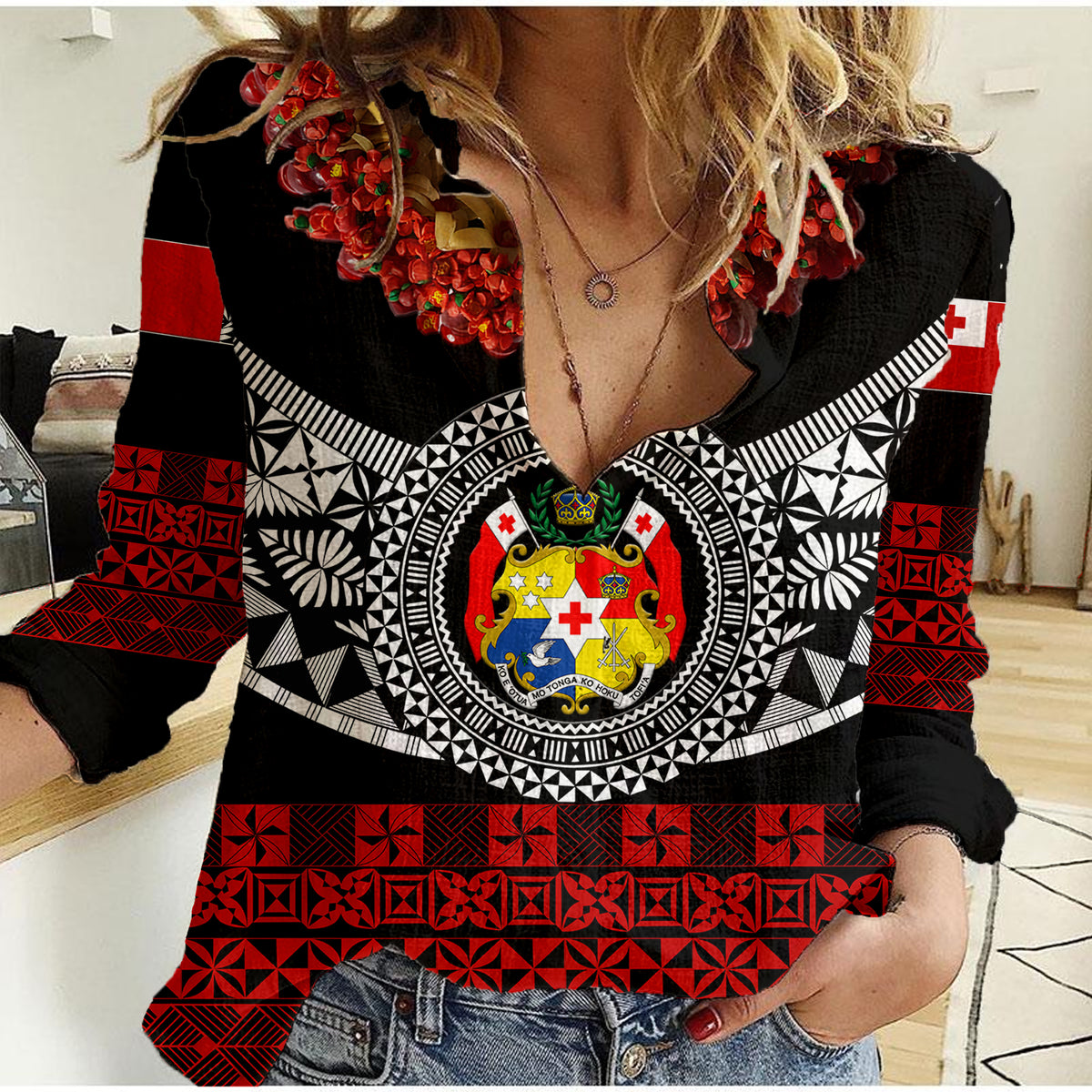(Custom Personalised) Tonga Emancipation Day Women Casual Shirt Independence Day - Fancy Kahoa Heilala Flower - Black Red LT8 Female Black - Polynesian Pride