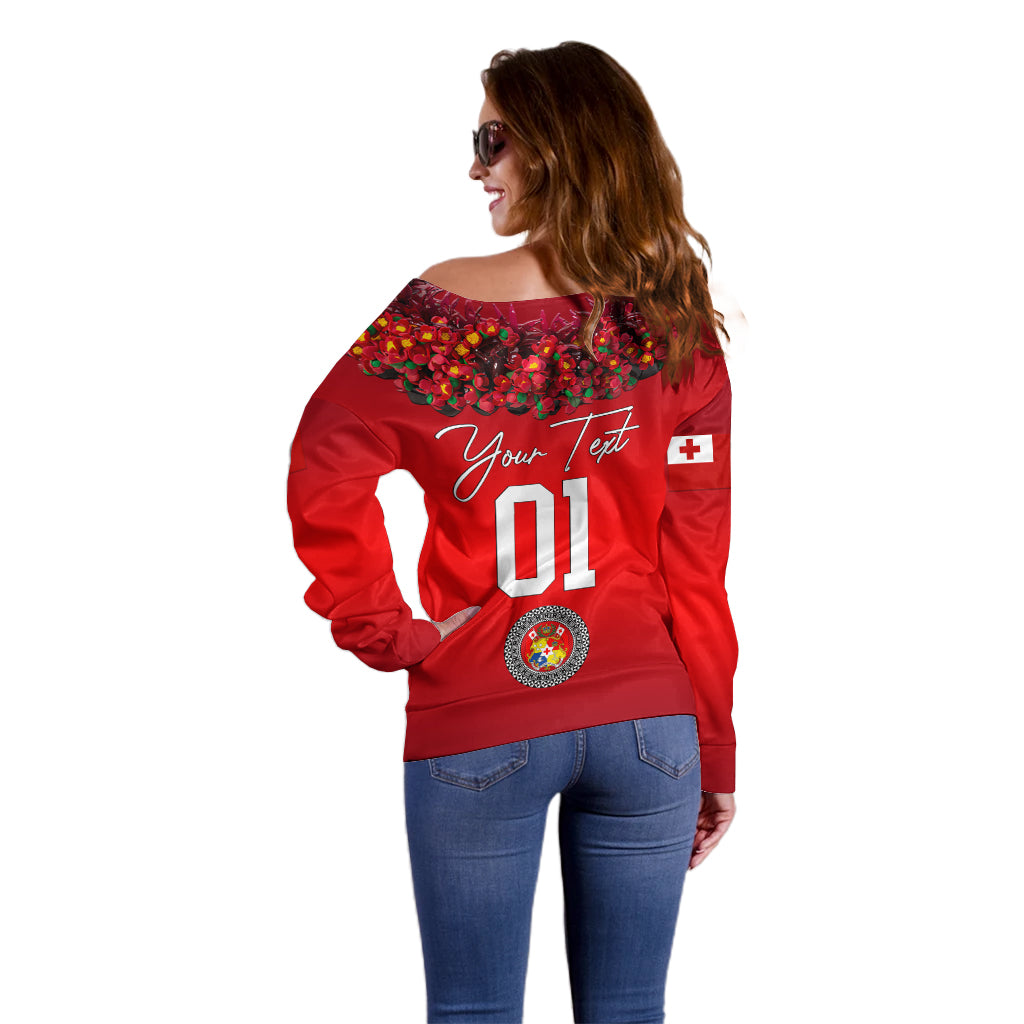 (Custom Personalised) Tonga Emancipation Day Off Shoulder Sweater Independence Day - Unique Kahoa Heilala Flower - Red LT8 - Polynesian Pride