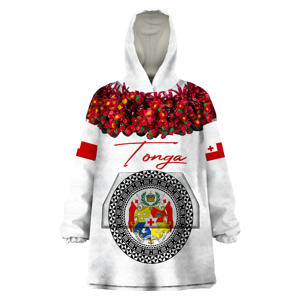 (Custom Personalised) Tonga Emancipation Day Wearable Blanket Hoodie Independence Day - Unique Kahoa Heilala Flower - White LT8 Unisex One Size - Polynesian Pride