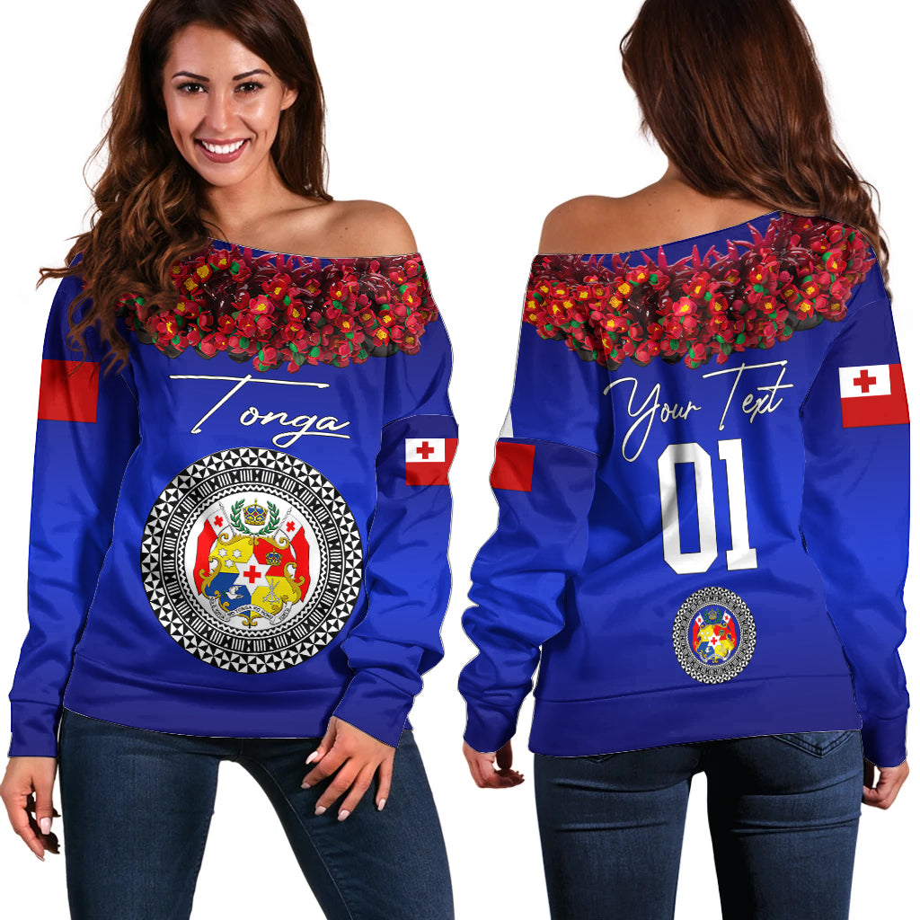 (Custom Personalised) Tonga Emancipation Day Off Shoulder Sweater Independence Day - Unique Kahoa Heilala Flower - Blue LT8 Women Blue - Polynesian Pride