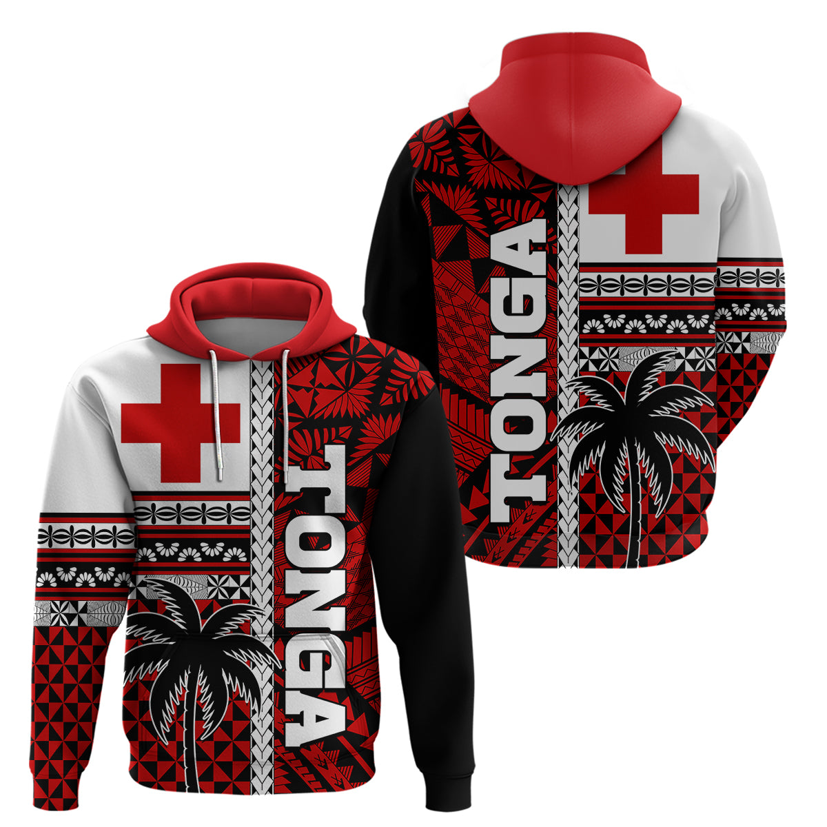 Tonga Kupesi Ngatu Hoodie Proud Tonga with Flag and Palm Tree LT9 Red - Polynesian Pride