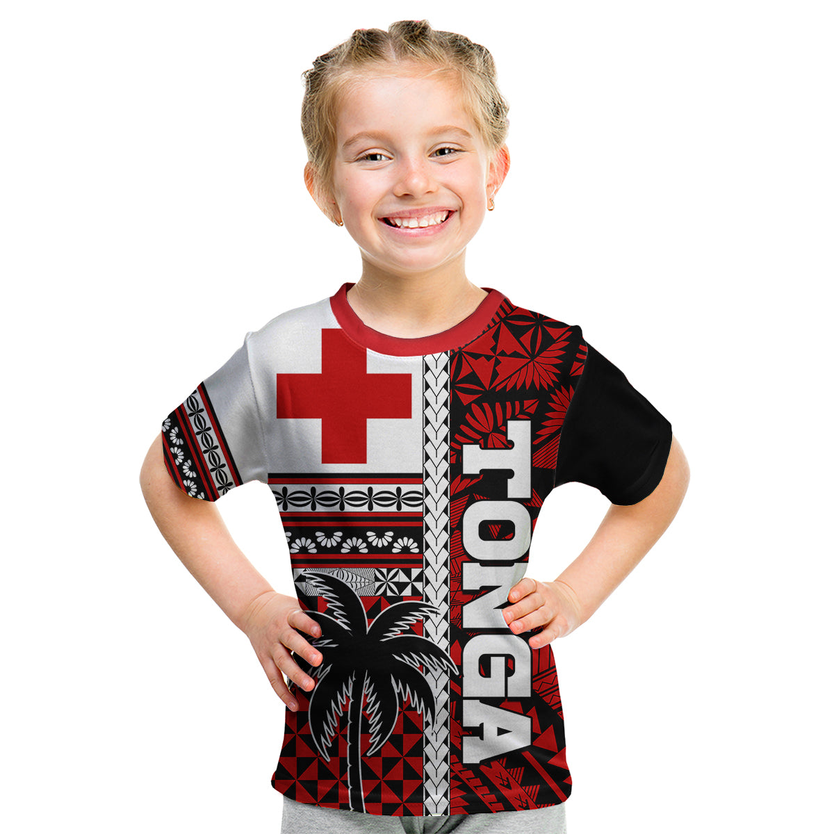 Tonga Kupesi Ngatu Kid T Shirt Proud Tonga with Flag and Palm Tree LT9 - Polynesian Pride