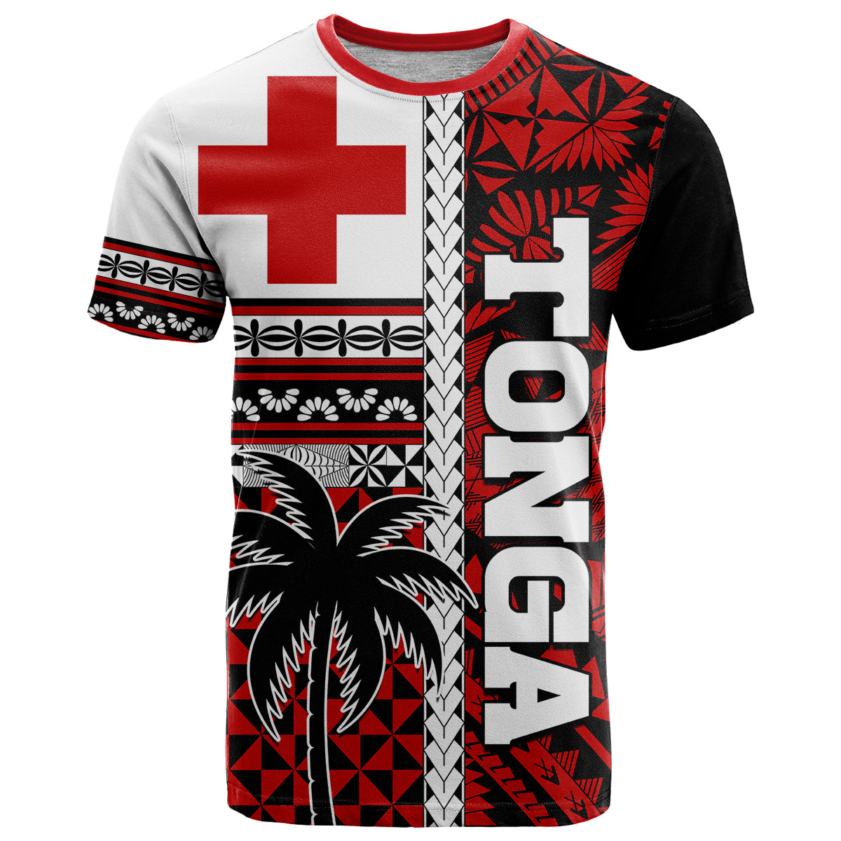 Tonga Kupesi Ngatu T Shirt Proud Tonga with Flag and Palm Tree LT9 Red - Polynesian Pride