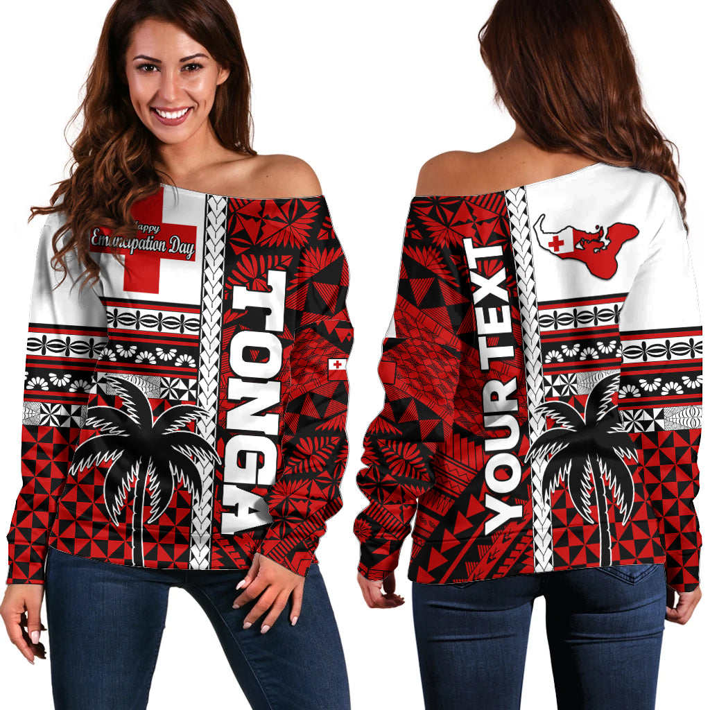 (Custom Personalised) Tonga Independence Day Off Shoulder Sweater Proud Tongan Emancipation with Kupesi Ngatu LT9 Women Red - Polynesian Pride