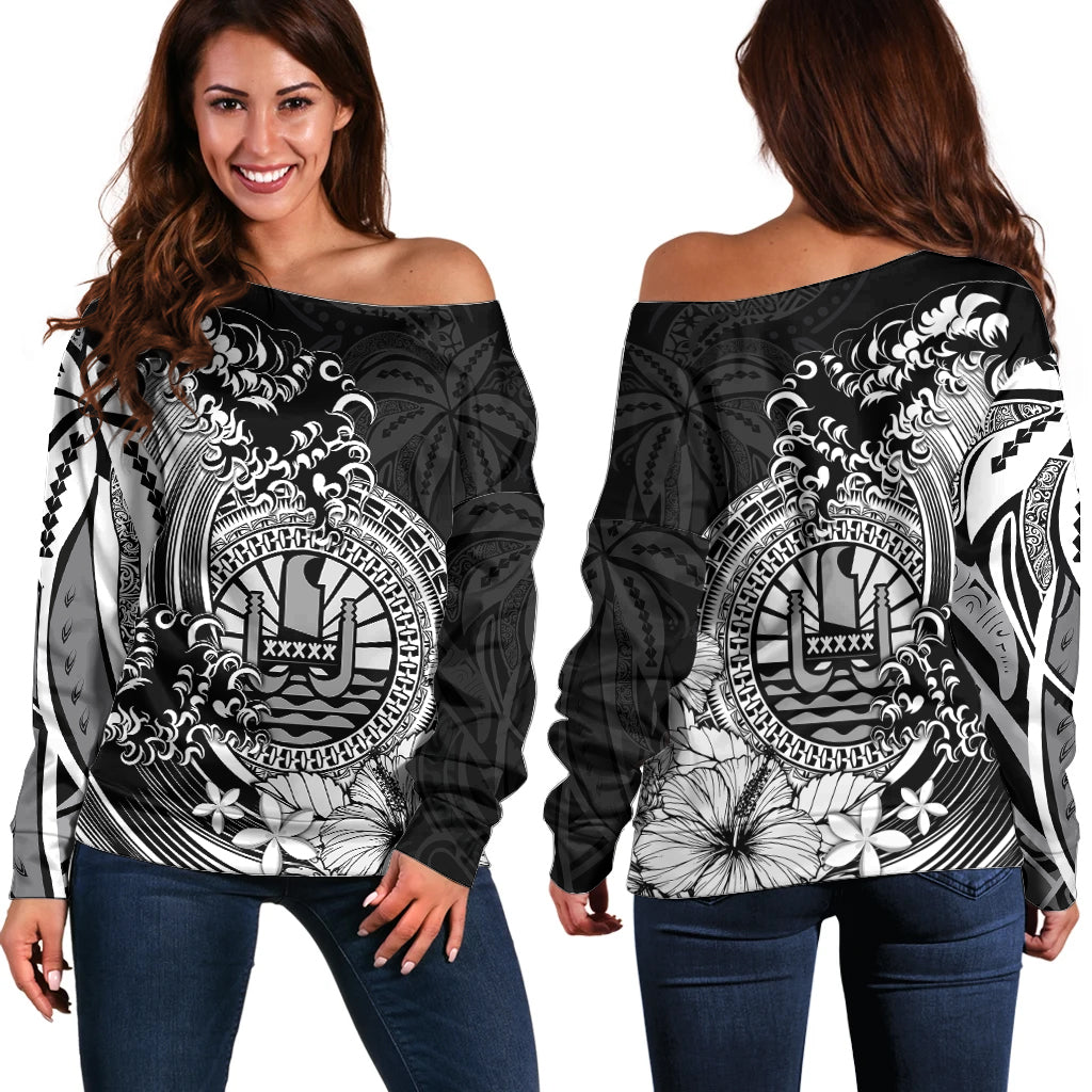 Polynesian Tahiti Island Off Shoulder Sweater The Wave of Water - Black LT9 Women Black - Polynesian Pride