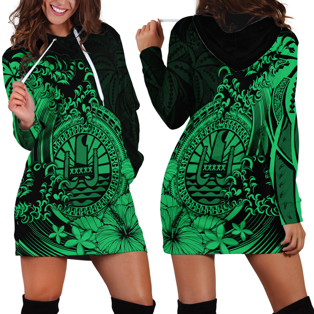 Polynesian Tahiti Island Hoodie Dress The Wave of Water - Green LT9 Green - Polynesian Pride