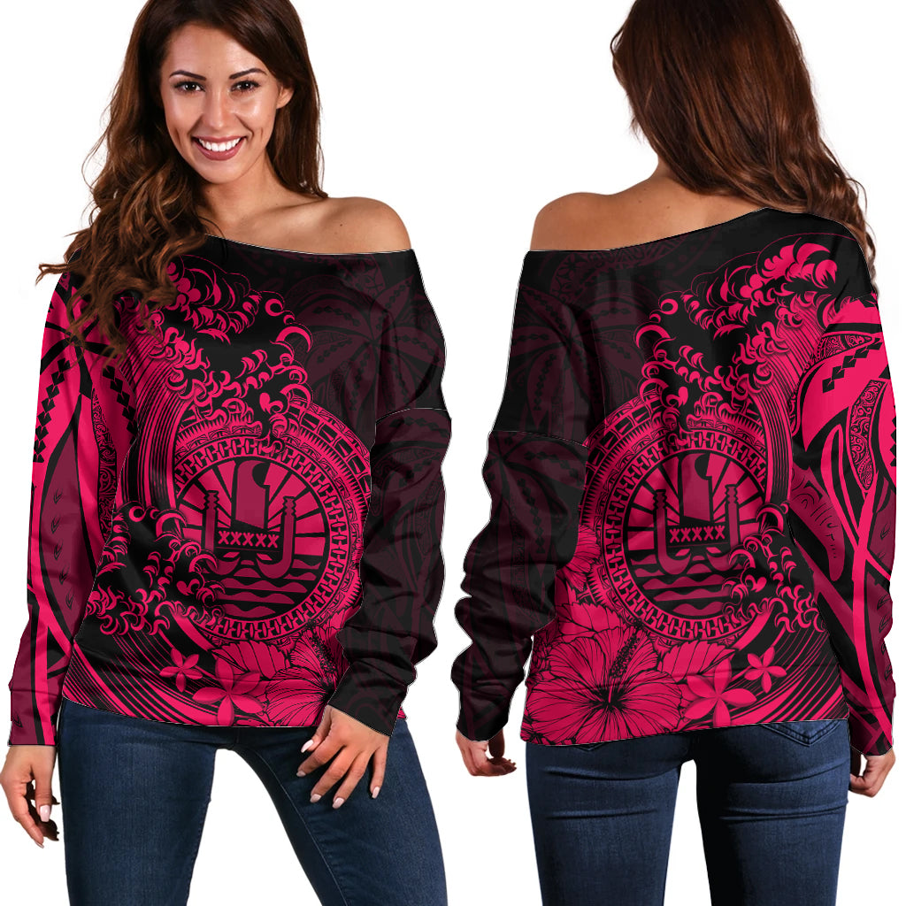 Polynesian Tahiti Island Off Shoulder Sweater The Wave of Water - Pink LT9 Women Pink - Polynesian Pride